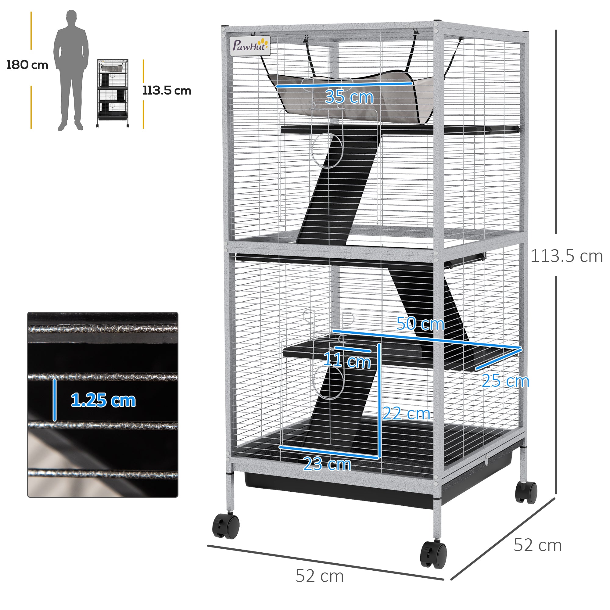 PawHut Small Animal Cage with Wheels Pet Home for Chinchillas Ferrets Kittens, with Hammock, 4 Platforms, Removable Tray, Grey