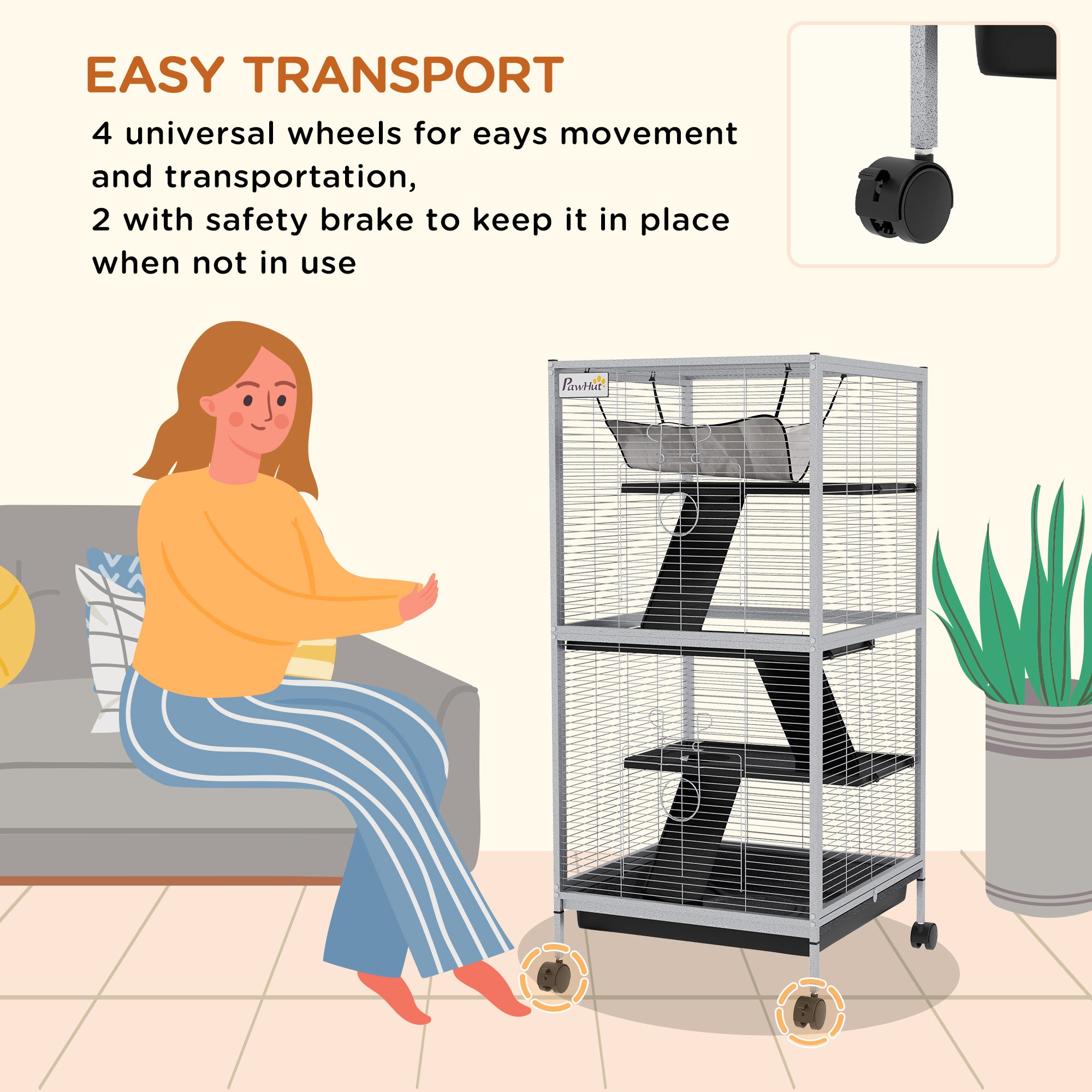 PawHut Small Animal Cage with Wheels Pet Home for Chinchillas Ferrets Kittens, with Hammock, 4 Platforms, Removable Tray, Grey
