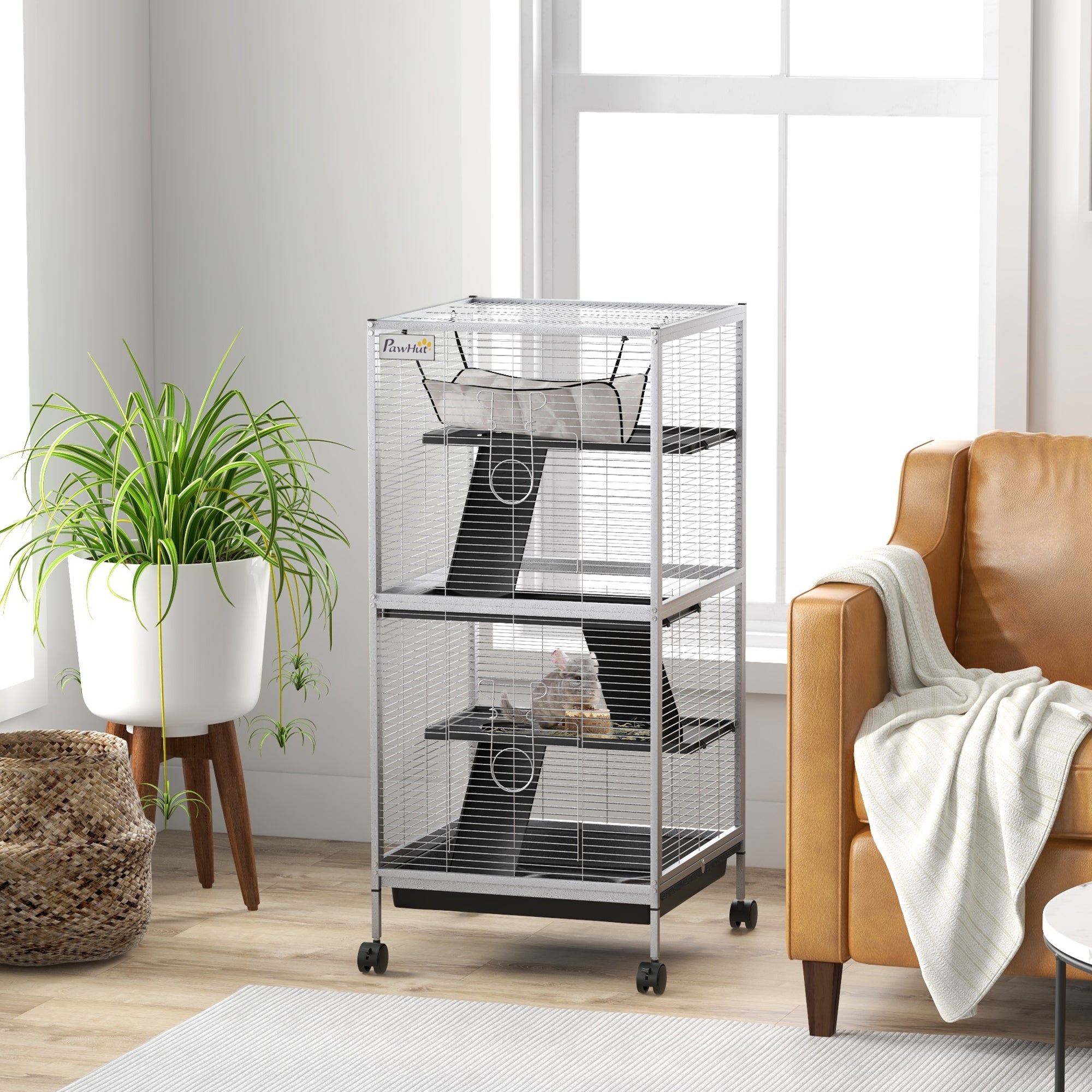 PawHut Small Animal Cage with Wheels Pet Home for Chinchillas Ferrets Kittens, with Hammock, 4 Platforms, Removable Tray, Grey