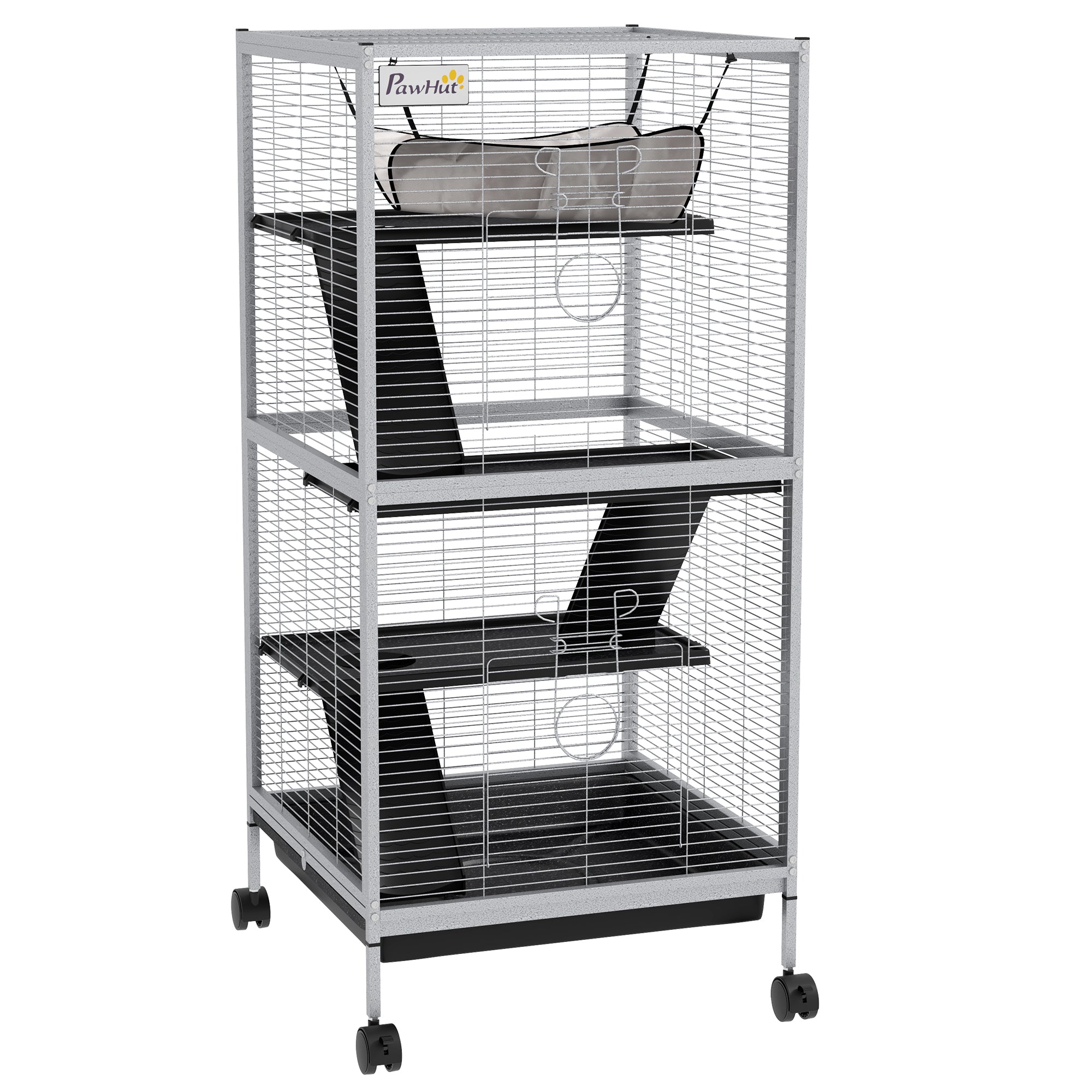 PawHut Small Animal Cage with Wheels Pet Home for Chinchillas Ferrets Kittens, with Hammock, 4 Platforms, Removable Tray, Grey