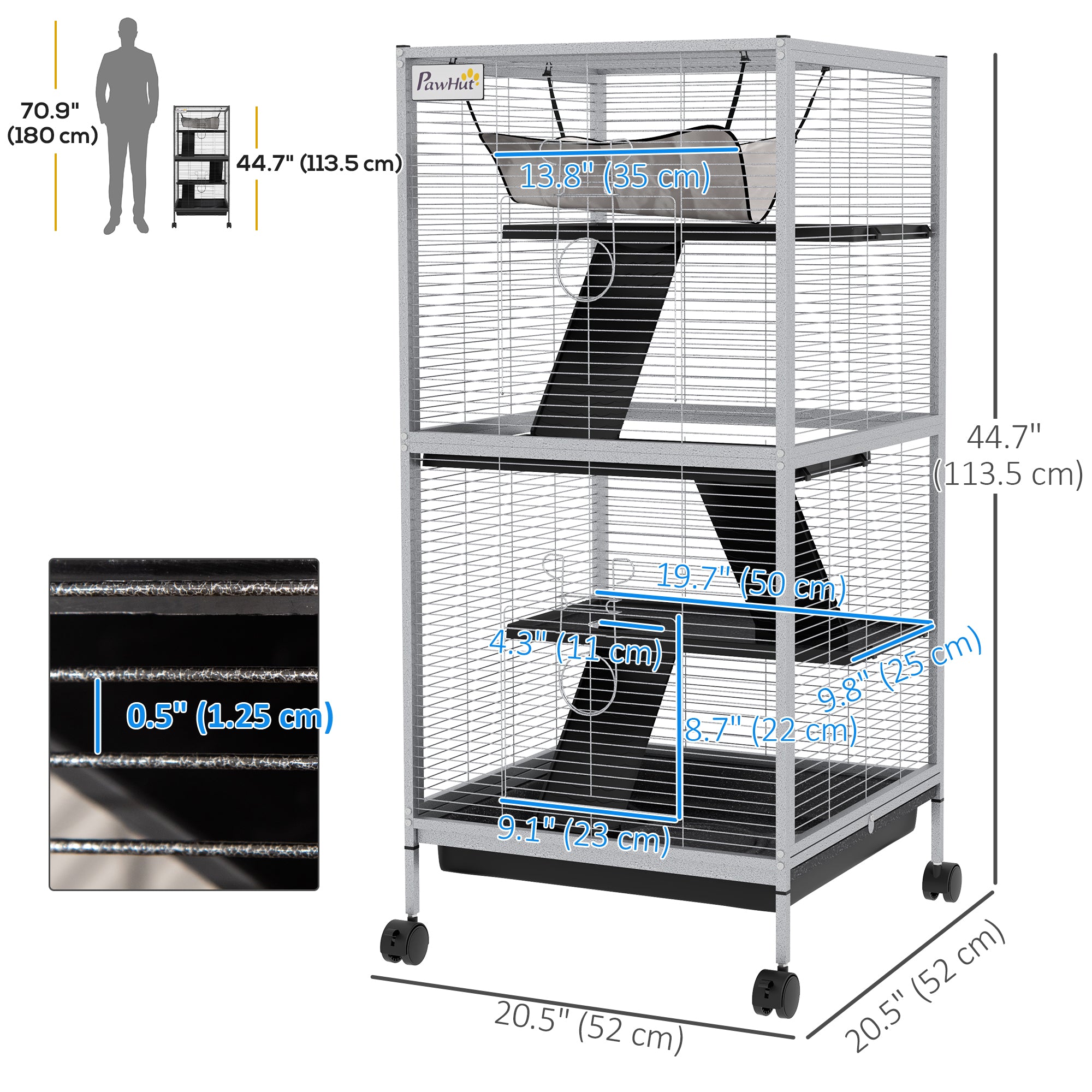 PawHut 4-Tier Rolling Small Animal Cage, Deluxe Guinea Pig Cage, Ferret Cage for Mink Chinchilla Kitten Rabbit, Small Pet Play House with Hammock Platform, Ramp, Removable Tray, Light Grey