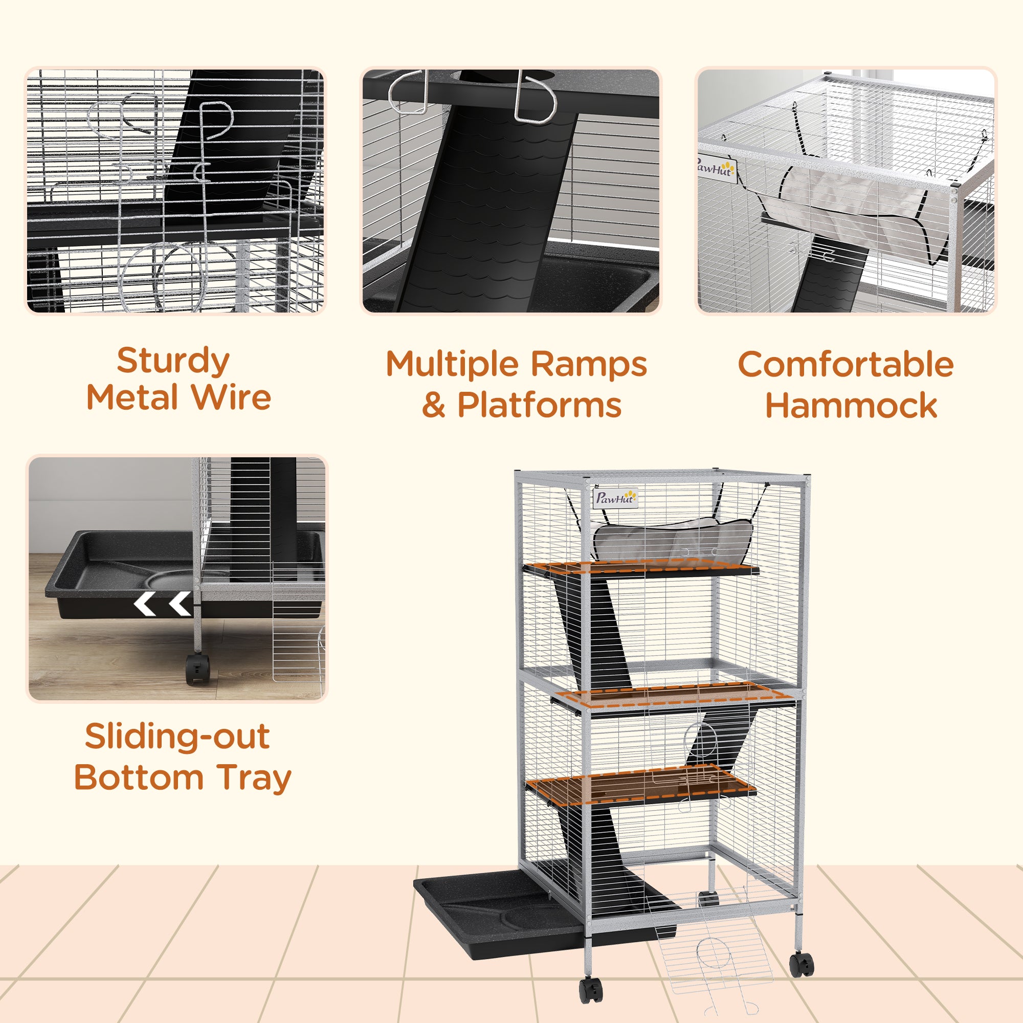PawHut Small Animal Cage with Wheels Pet Home for Chinchillas Ferrets Kittens, with Hammock, 4 Platforms, Removable Tray, Grey