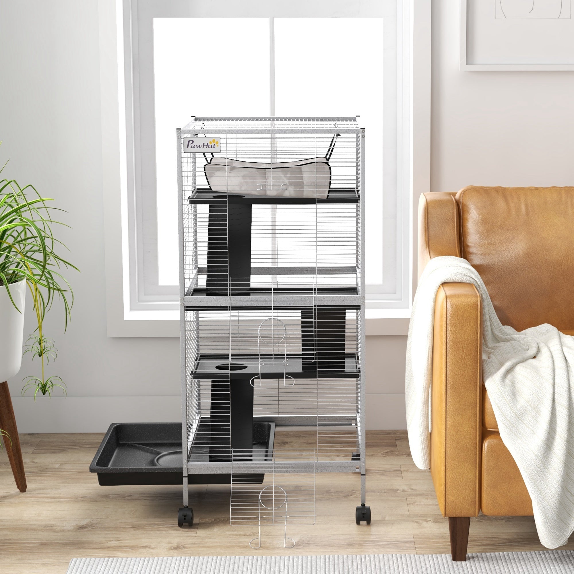 PawHut 4-Tier Rolling Small Animal Cage, Deluxe Guinea Pig Cage, Ferret Cage for Mink Chinchilla Kitten Rabbit, Small Pet Play House with Hammock Platform, Ramp, Removable Tray, Light Grey
