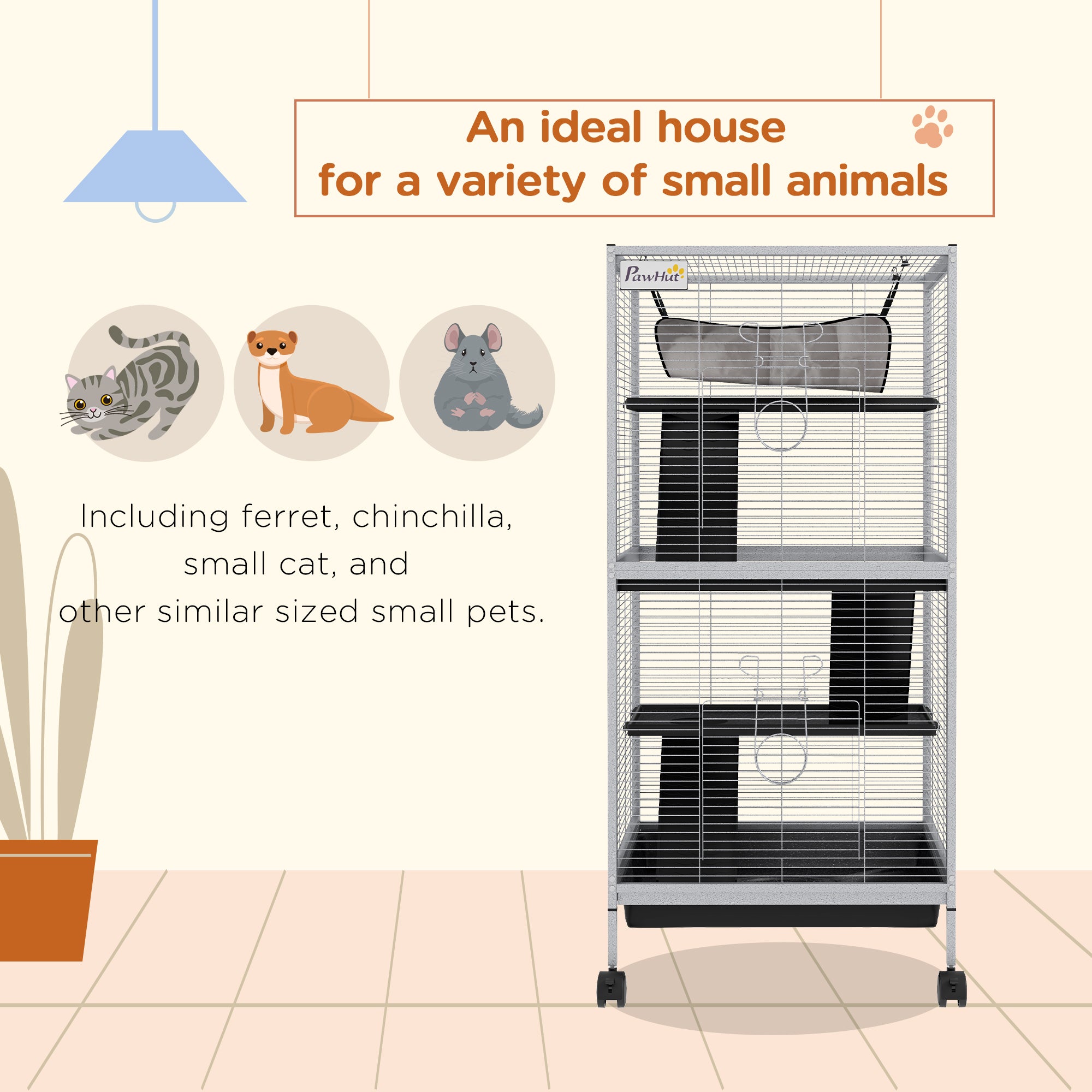 PawHut Small Animal Cage with Wheels Pet Home for Chinchillas Ferrets Kittens, with Hammock, 4 Platforms, Removable Tray, Grey