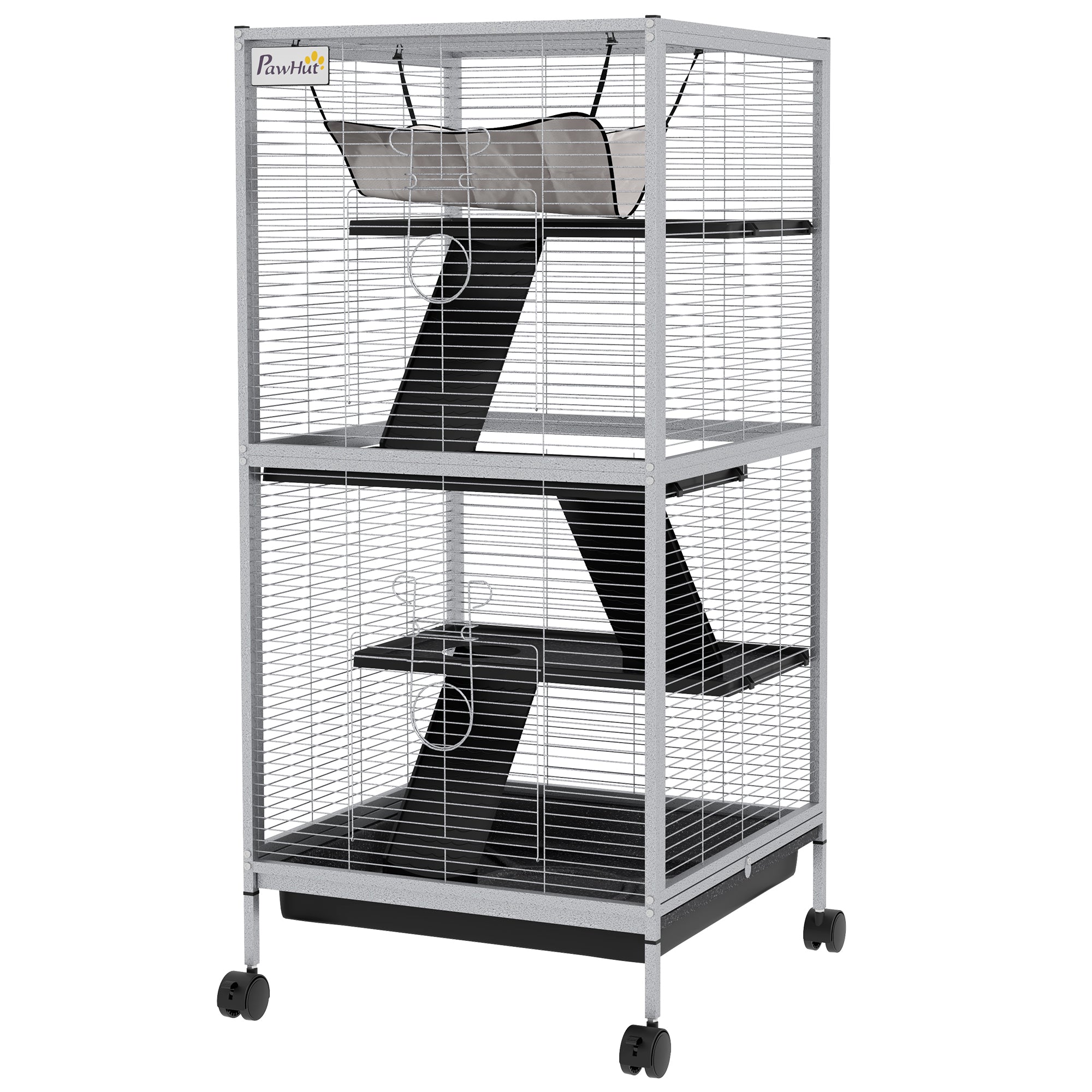 PawHut 4-Tier Rolling Small Animal Cage, Deluxe Guinea Pig Cage, Ferret Cage for Mink Chinchilla Kitten Rabbit, Small Pet Play House with Hammock Platform, Ramp, Removable Tray, Light Grey