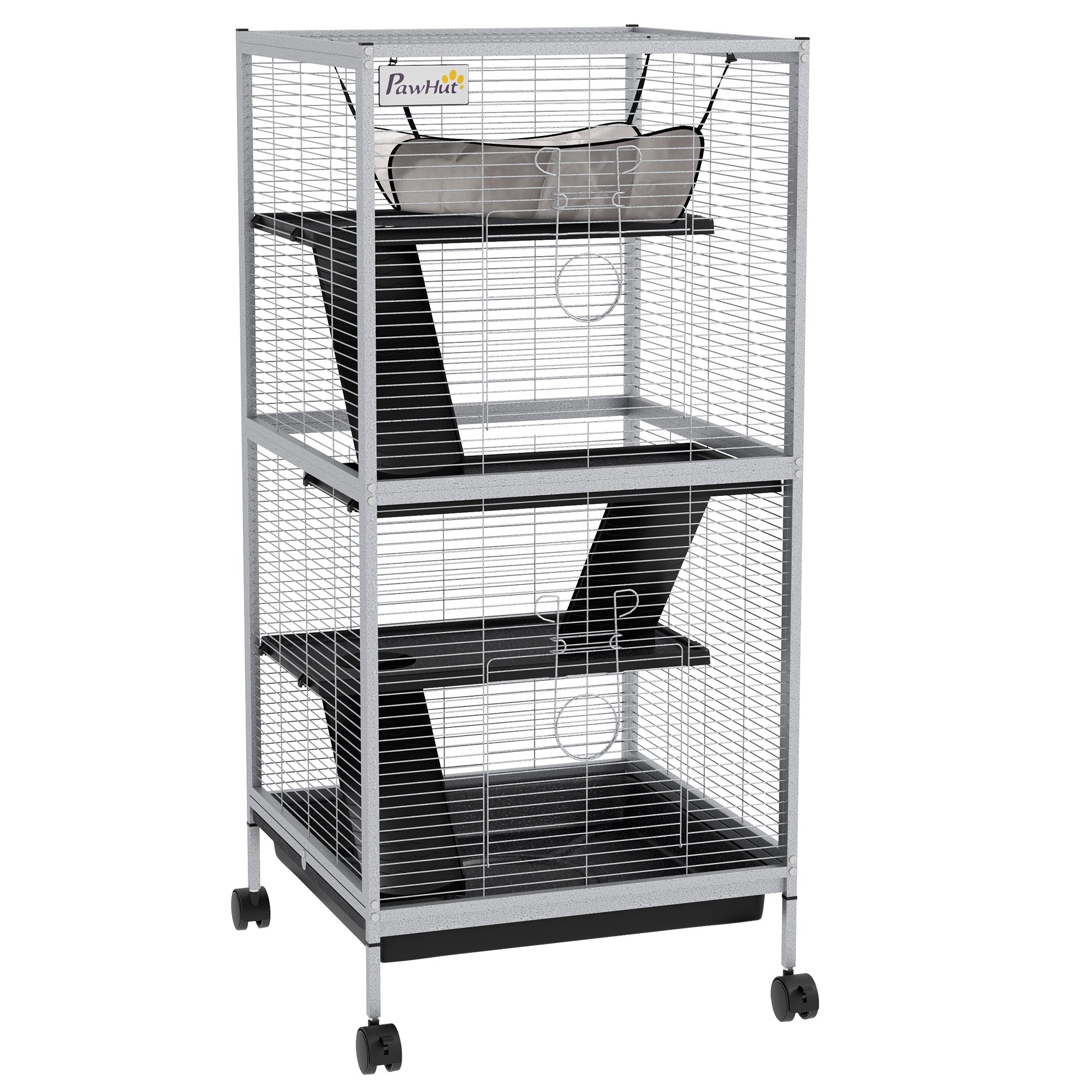 PawHut Small Animal Cage with Wheels Pet Home for Chinchillas Ferrets Kittens, with Hammock, 4 Platforms, Removable Tray, Grey