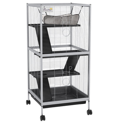 PawHut Small Animal Cage with Wheels Pet Home for Chinchillas Ferrets Kittens, with Hammock, 4 Platforms, Removable Tray, Grey
