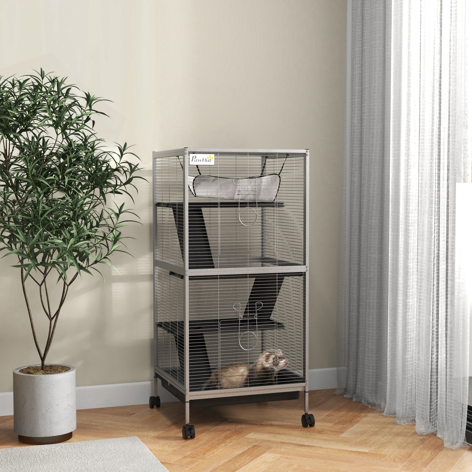 PawHut Small Animal Cage with Wheels Pet Home for Chinchillas Ferrets Kittens, with Hammock, 4 Platforms, Removable Tray, Grey