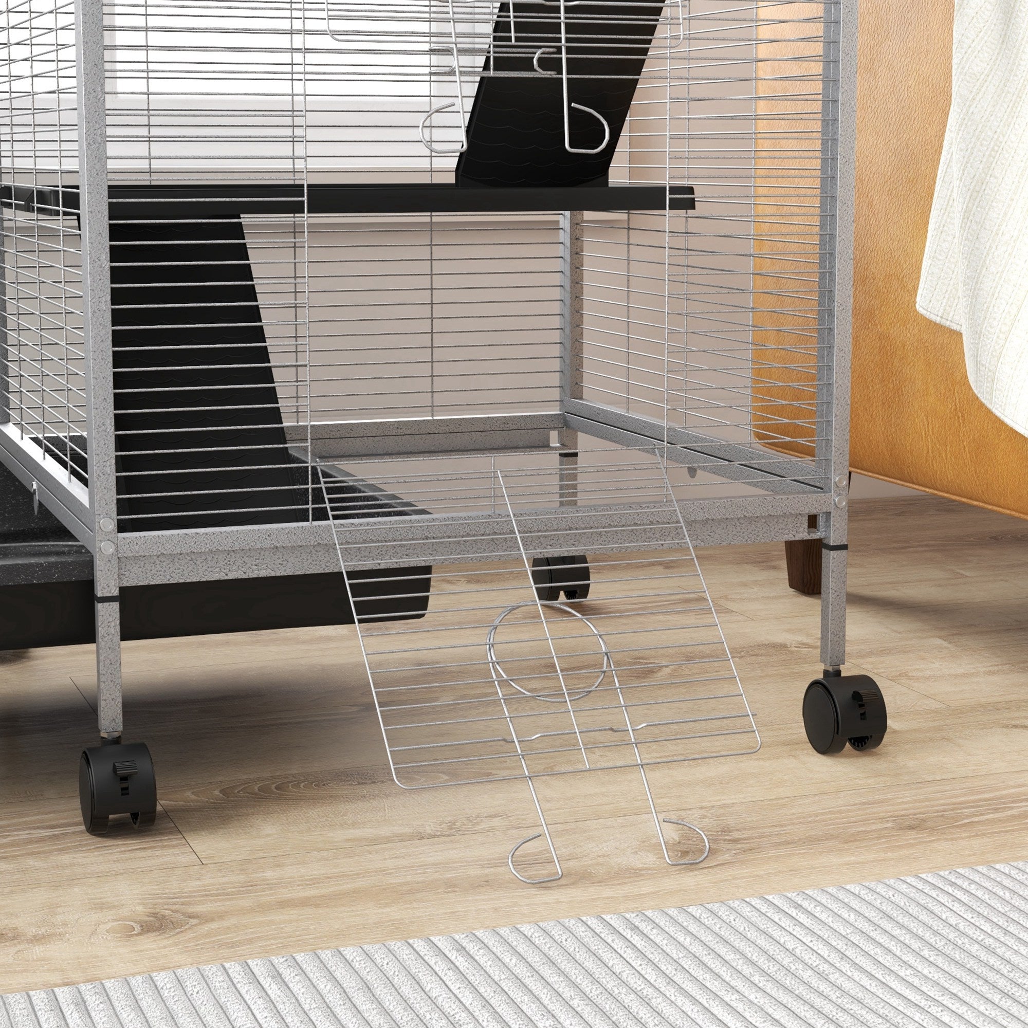 PawHut 4-Tier Rolling Small Animal Cage, Deluxe Guinea Pig Cage, Ferret Cage for Mink Chinchilla Kitten Rabbit, Small Pet Play House with Hammock Platform, Ramp, Removable Tray, Light Grey