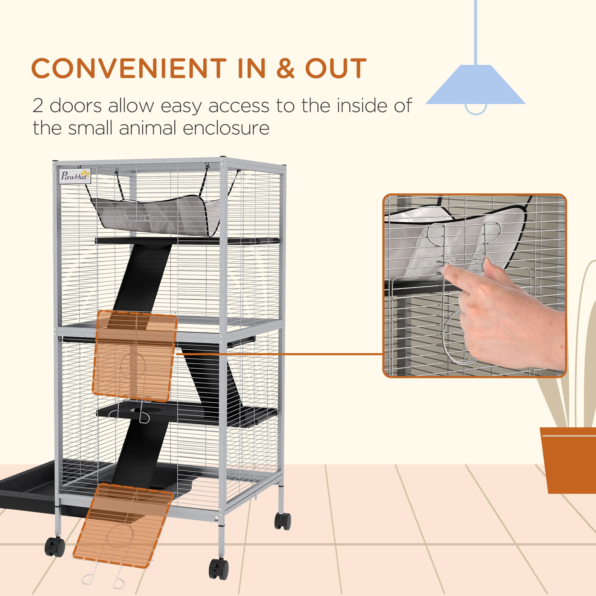 PawHut 4-Tier Rolling Small Animal Cage, Deluxe Guinea Pig Cage, Ferret Cage for Mink Chinchilla Kitten Rabbit, Small Pet Play House with Hammock Platform, Ramp, Removable Tray, Light Grey