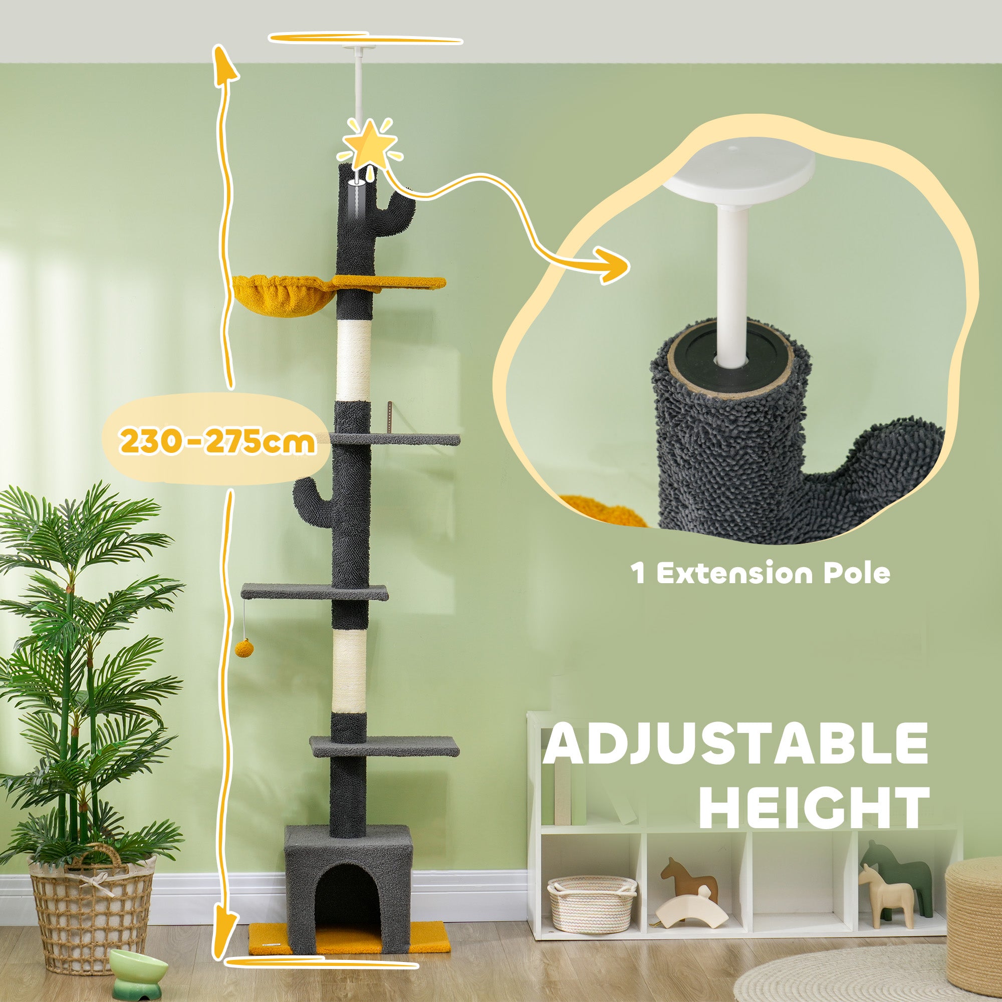 PawHut Floor to Ceiling Cat Tree, Cat Tower with 90.5"-108" Adjustable Height, 5 Tier Activity Centre with Scratching Posts, Hammock, Condo, Toy Ball for Indoor Cats, Dark Grey