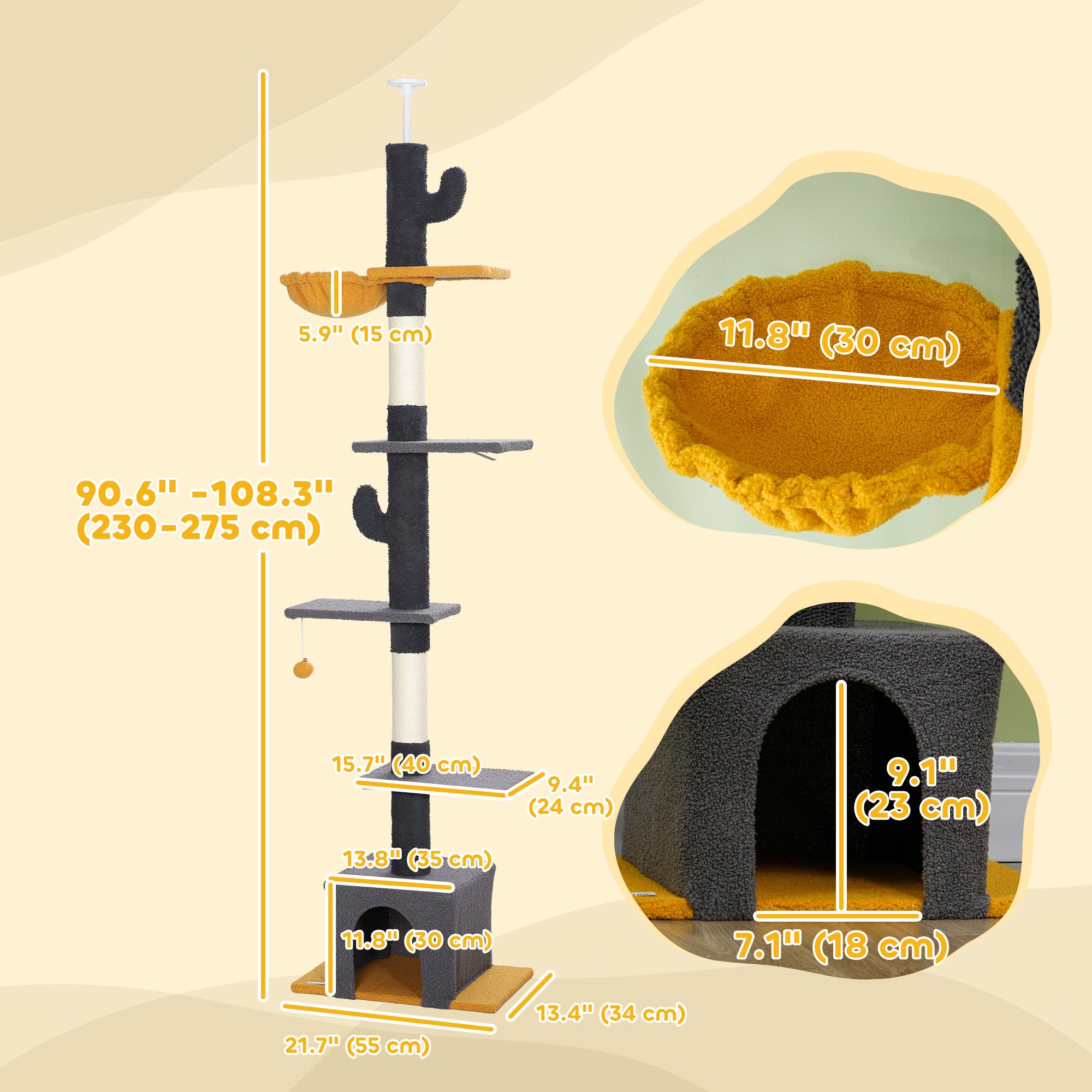 PawHut Floor to Ceiling Cat Tree, Cat Tower with 90.5"-108" Adjustable Height, 5 Tier Activity Centre with Scratching Posts, Hammock, Condo, Toy Ball for Indoor Cats, Dark Grey