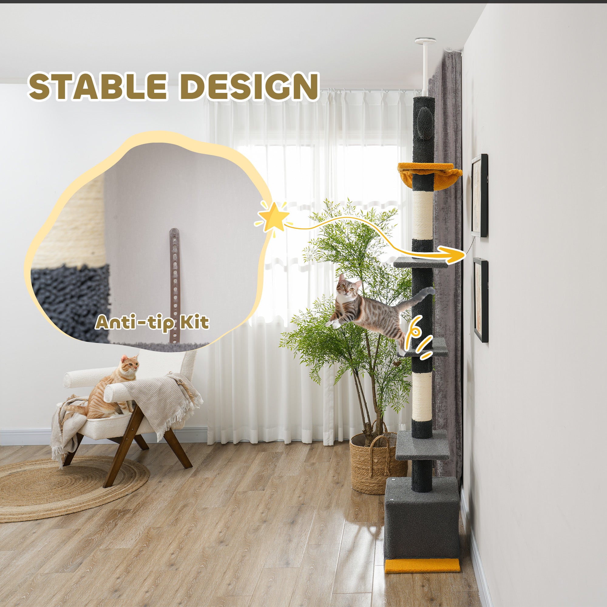 PawHut Floor to Ceiling Cat Tree, Cat Tower with 90.5"-108" Adjustable Height, 5 Tier Activity Centre with Scratching Posts, Hammock, Condo, Toy Ball for Indoor Cats, Dark Grey