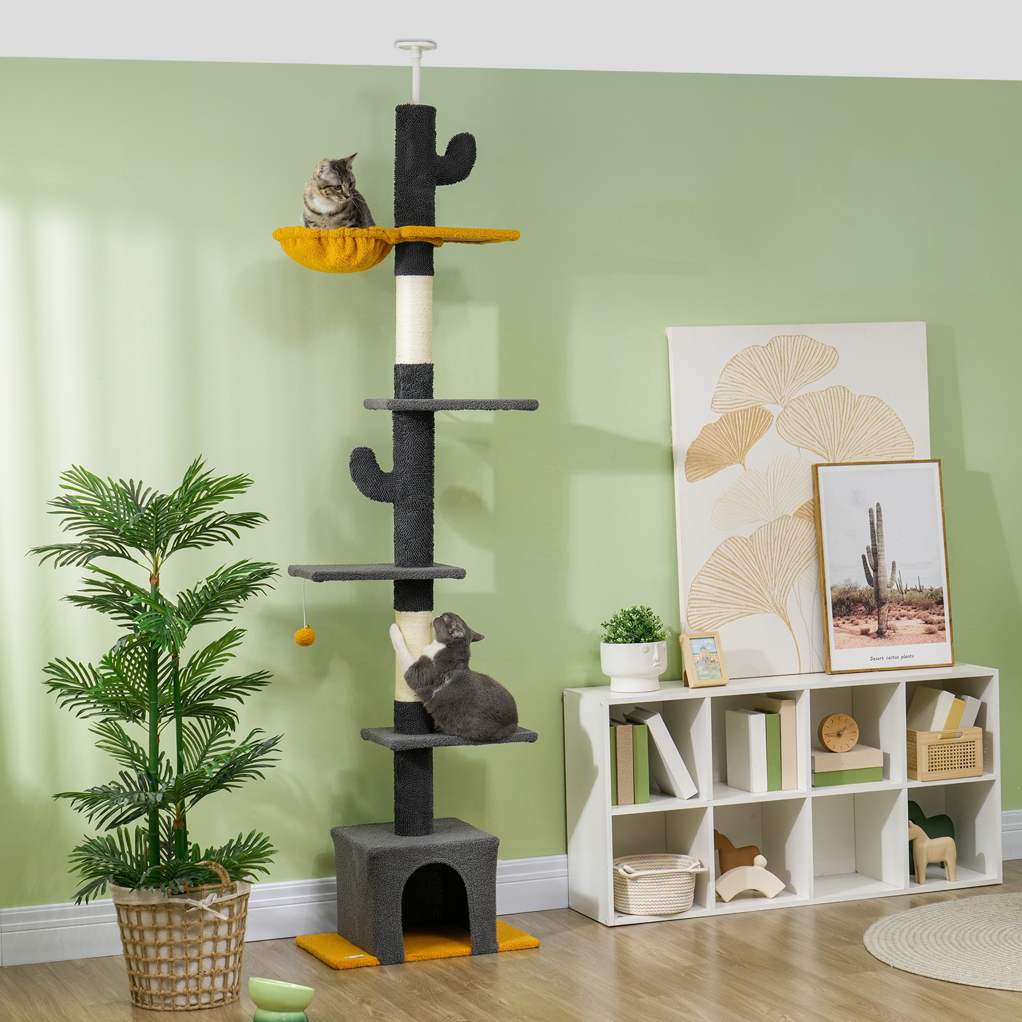 PawHut Floor to Ceiling Cat Tree, Cat Tower with 90.5"-108" Adjustable Height, 5 Tier Activity Centre with Scratching Posts, Hammock, Condo, Toy Ball for Indoor Cats, Dark Grey