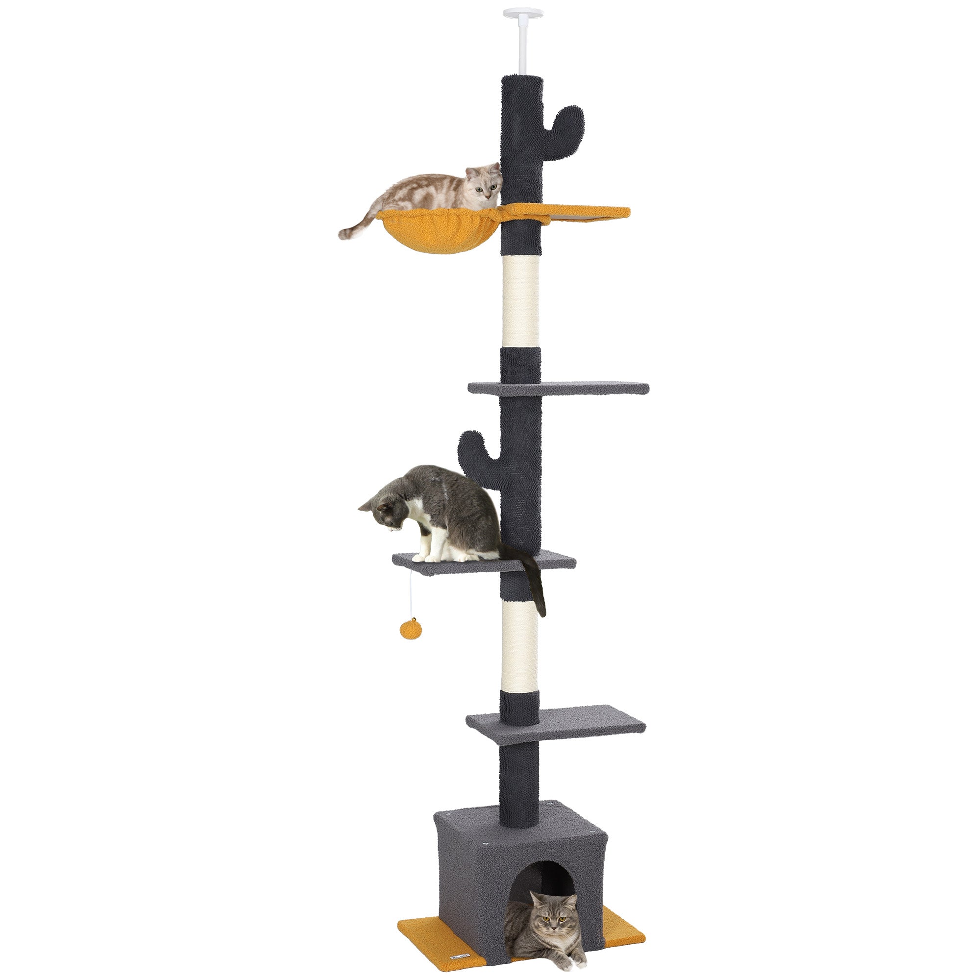 PawHut Floor to Ceiling Cat Tree, Cat Tower with 90.5"-108" Adjustable Height, 5 Tier Activity Centre with Scratching Posts, Hammock, Condo, Toy Ball for Indoor Cats, Dark Grey