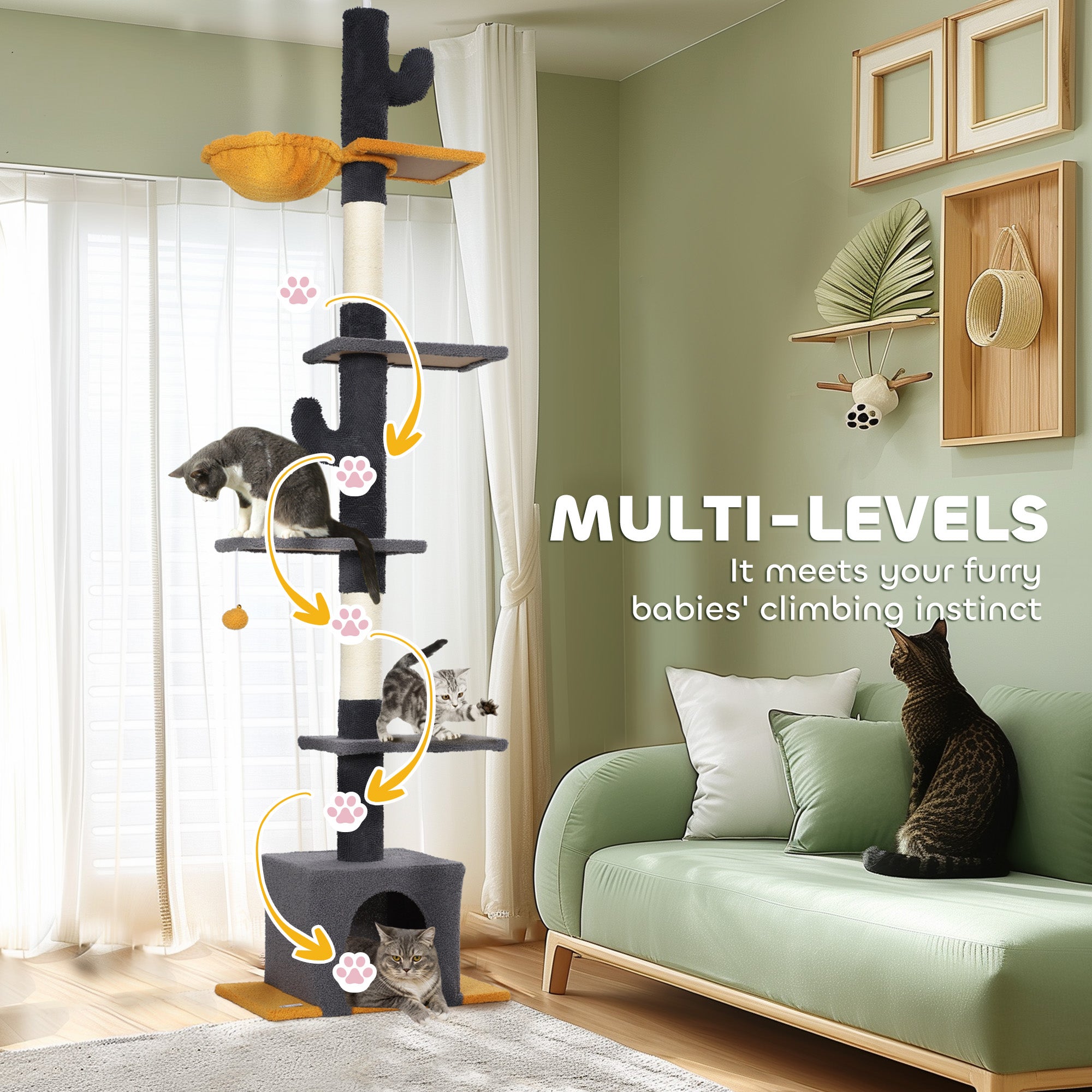 PawHut Floor to Ceiling Cat Tree, Cat Tower with 90.5"-108" Adjustable Height, 5 Tier Activity Centre with Scratching Posts, Hammock, Condo, Toy Ball for Indoor Cats, Dark Grey