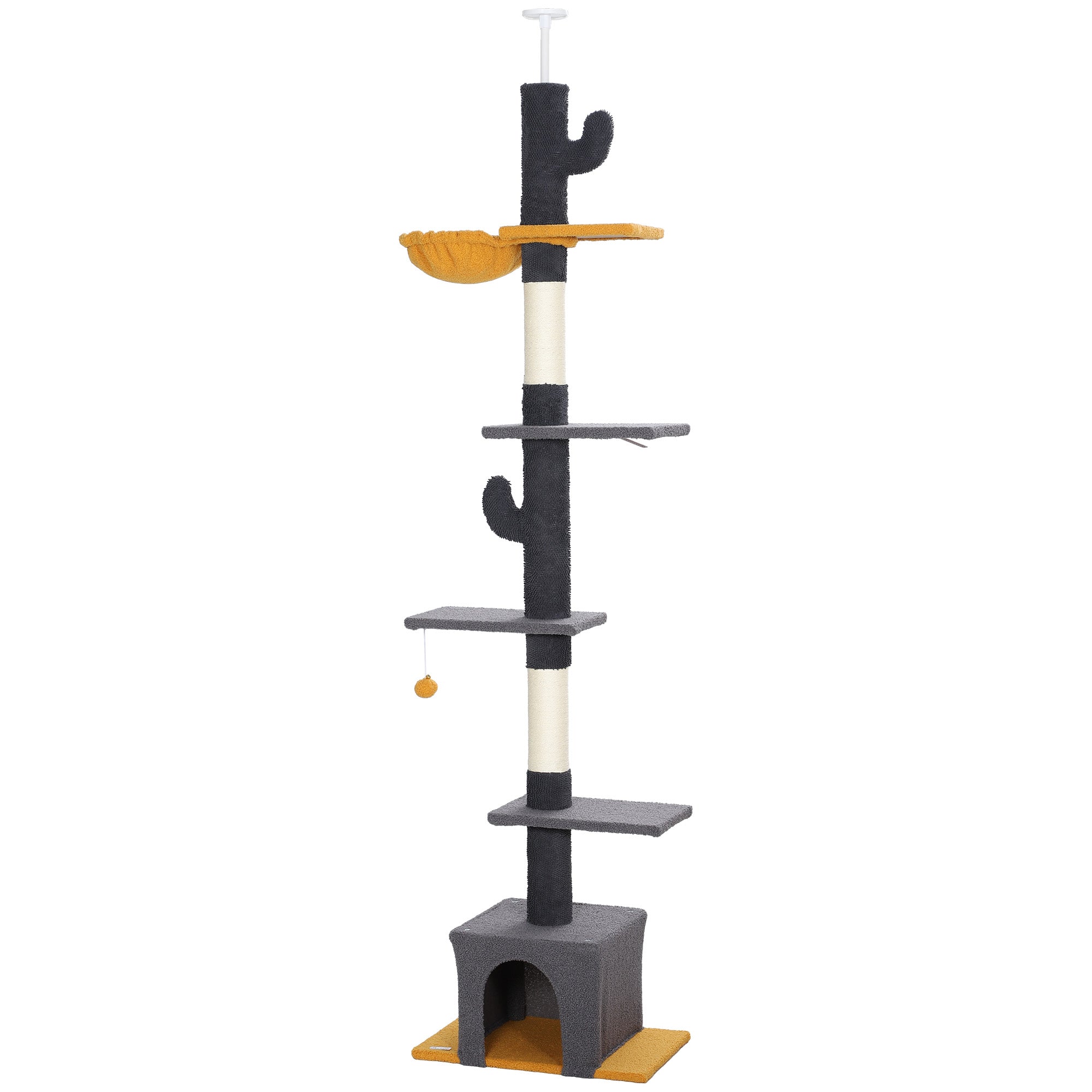 PawHut Floor to Ceiling Cat Tree, Cat Tower with 90.5"-108" Adjustable Height, 5 Tier Activity Centre with Scratching Posts, Hammock, Condo, Toy Ball for Indoor Cats, Dark Grey