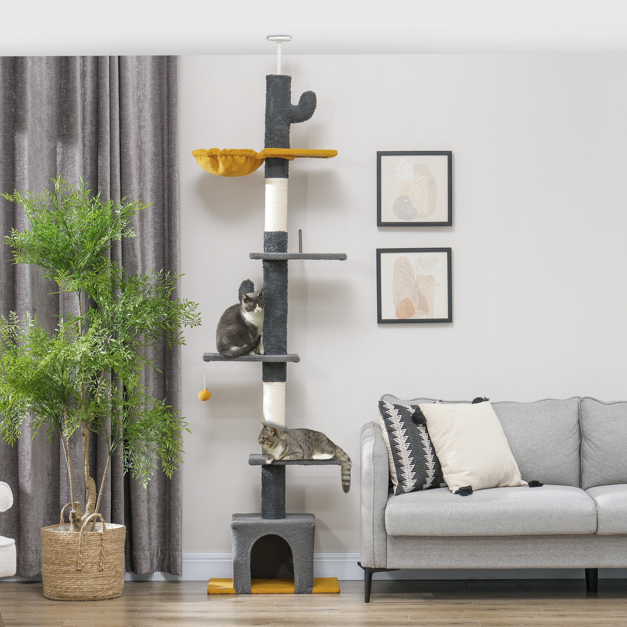 PawHut Floor to Ceiling Cat Tree, Cat Tower with 90.5"-108" Adjustable Height, 5 Tier Activity Centre with Scratching Posts, Hammock, Condo, Toy Ball for Indoor Cats, Dark Grey