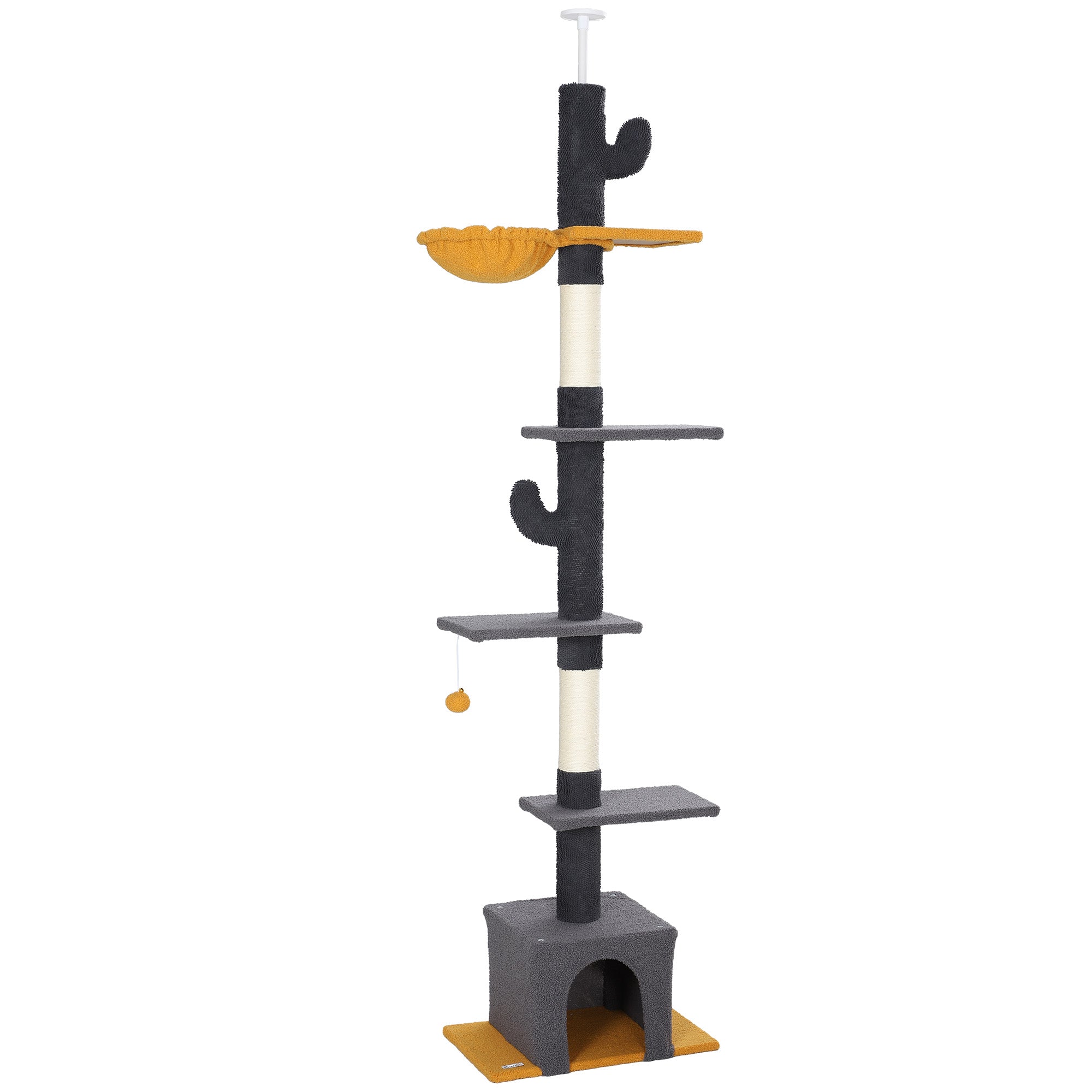 PawHut Floor to Ceiling Cat Tree, Cat Tower with 90.5"-108" Adjustable Height, 5 Tier Activity Centre with Scratching Posts, Hammock, Condo, Toy Ball for Indoor Cats, Dark Grey