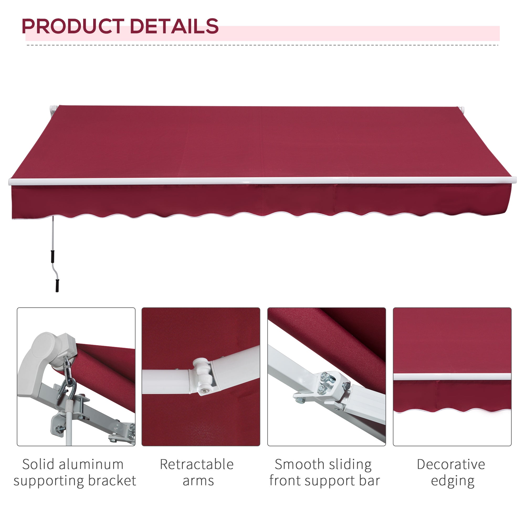 Outsunny 12' x 8' Retractable Awning Patio Awnings Sun Shade Shelter with Manual Crank Handle, UV & Water-Resistant Fabric and Aluminum Frame for Deck Balcony Yard, Red