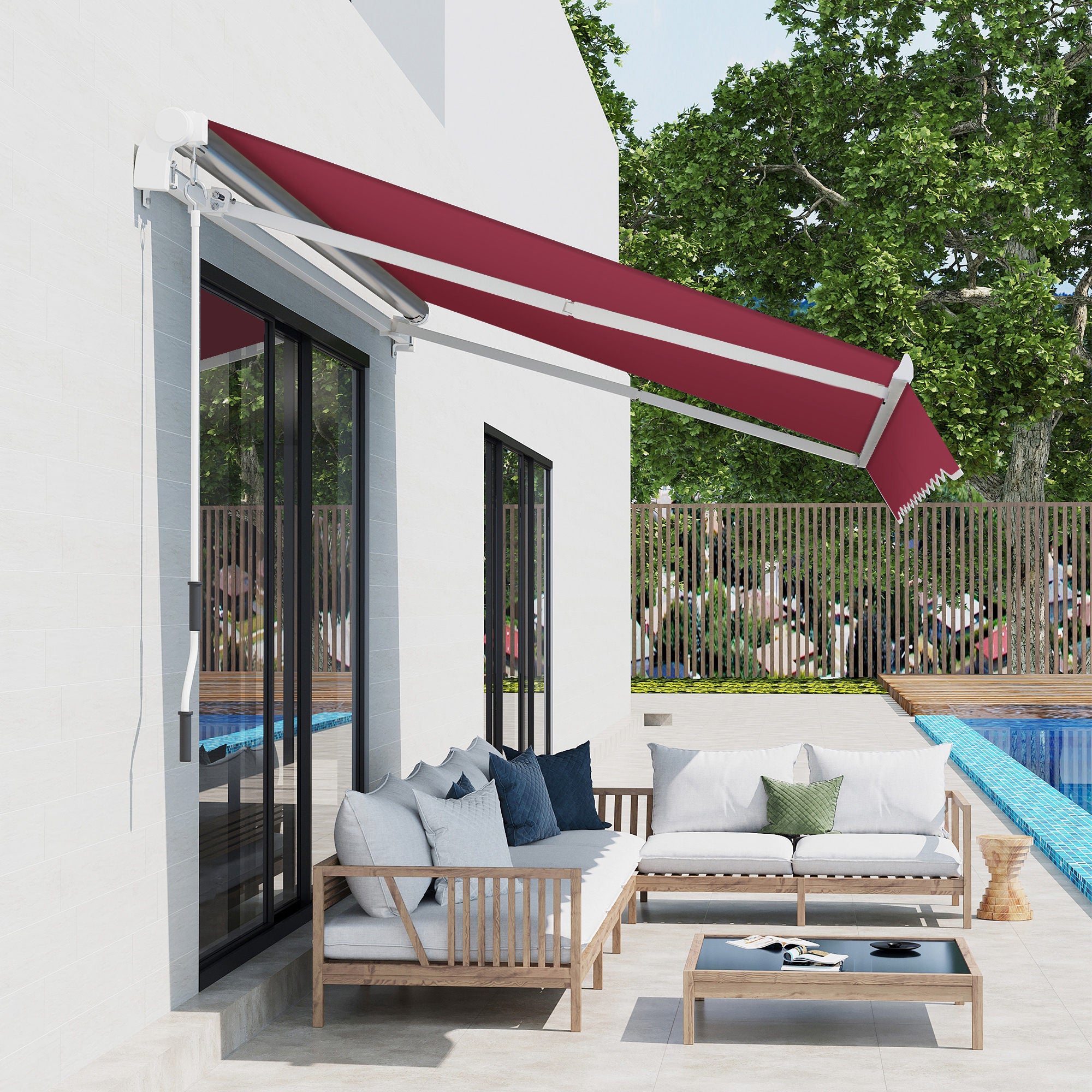 Outsunny 12' x 8' Retractable Awning Patio Awnings Sun Shade Shelter with Manual Crank Handle, UV & Water-Resistant Fabric and Aluminum Frame for Deck Balcony Yard, Red