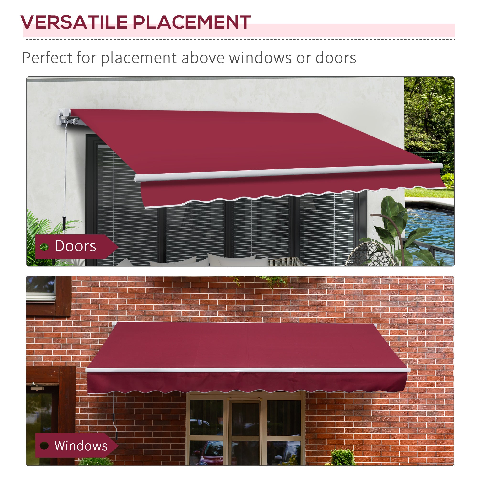 Outsunny 12' x 8' Retractable Awning Patio Awnings Sun Shade Shelter with Manual Crank Handle, UV & Water-Resistant Fabric and Aluminum Frame for Deck Balcony Yard, Red