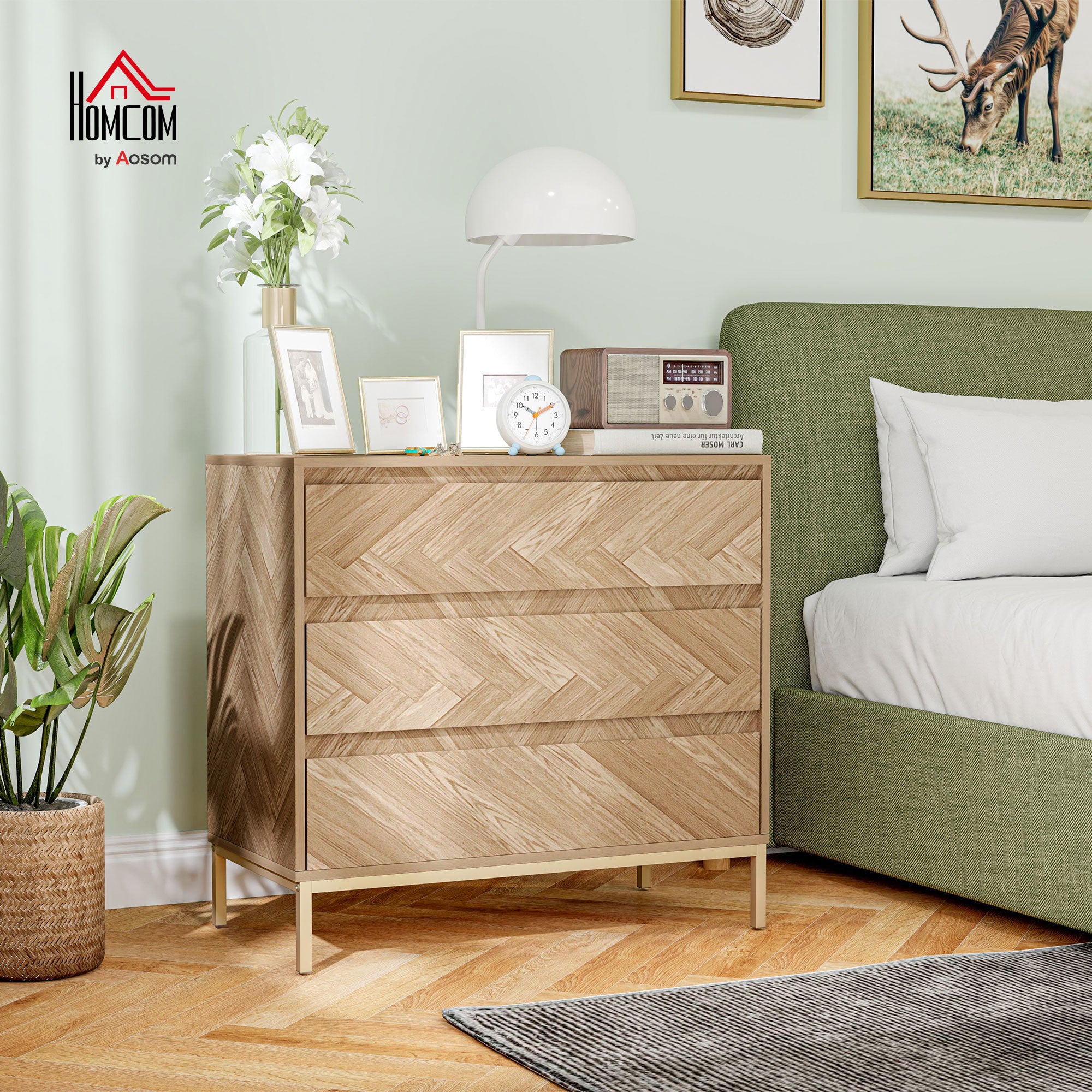 HOMCOM Bedroom Chest of Drawers, Chevron 3 Drawer Dresser with Steel Legs, Storage Cabinet with 3 Drawers for Living Room, Hallway, Nature Wood