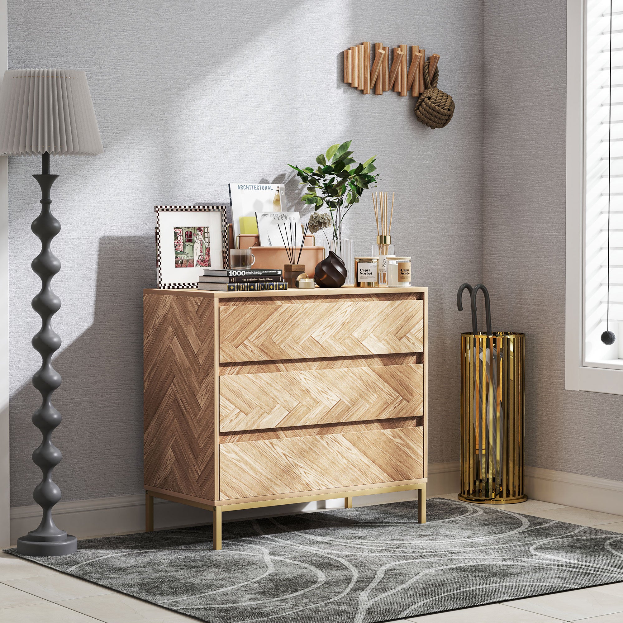 HOMCOM Bedroom Chest of Drawers, Chevron 3 Drawer Dresser with Steel Legs, Storage Cabinet with 3 Drawers for Living Room, Hallway, Nature Wood
