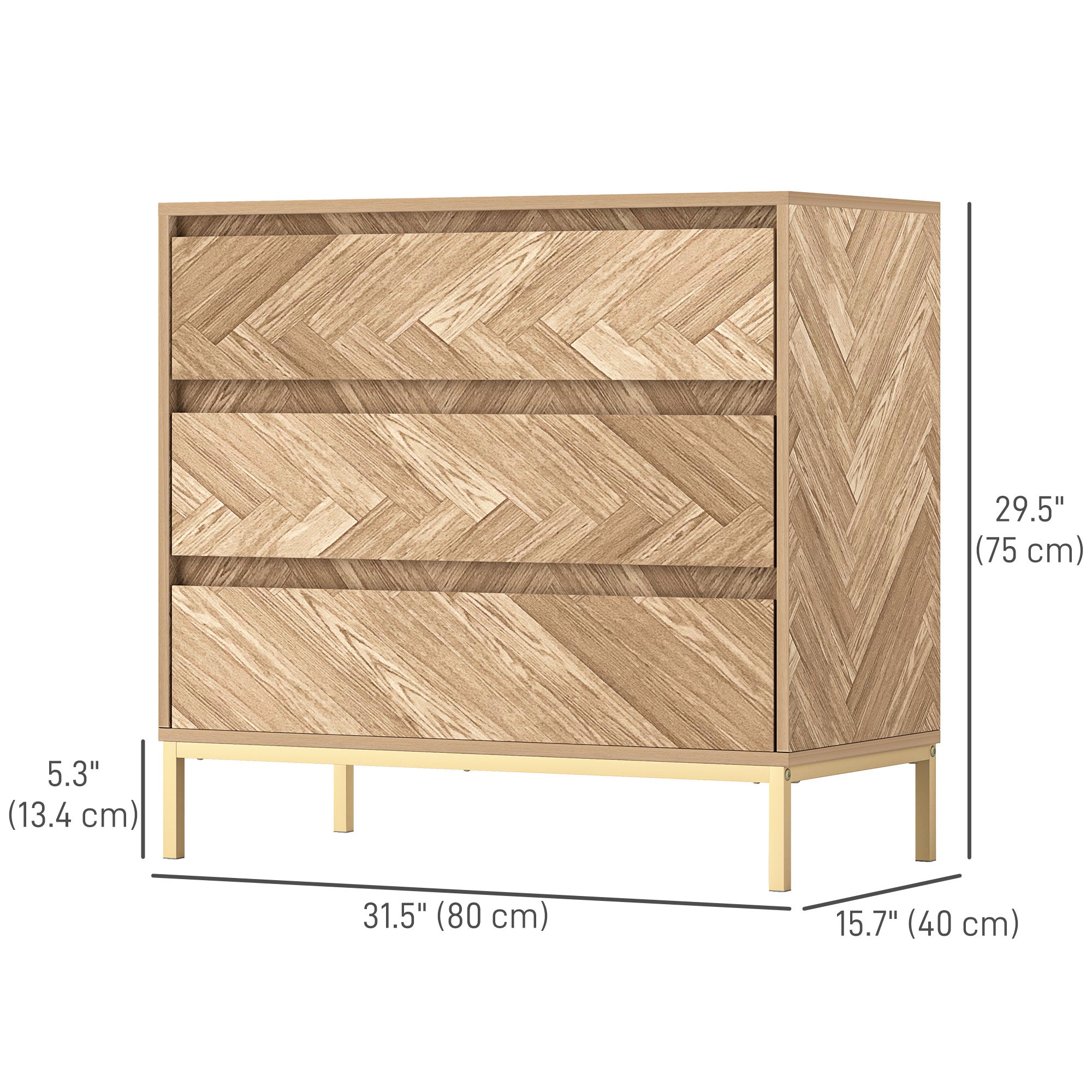 HOMCOM Bedroom Chest of Drawers, Chevron 3 Drawer Dresser with Steel Legs, Storage Cabinet with 3 Drawers for Living Room, Hallway, Nature Wood
