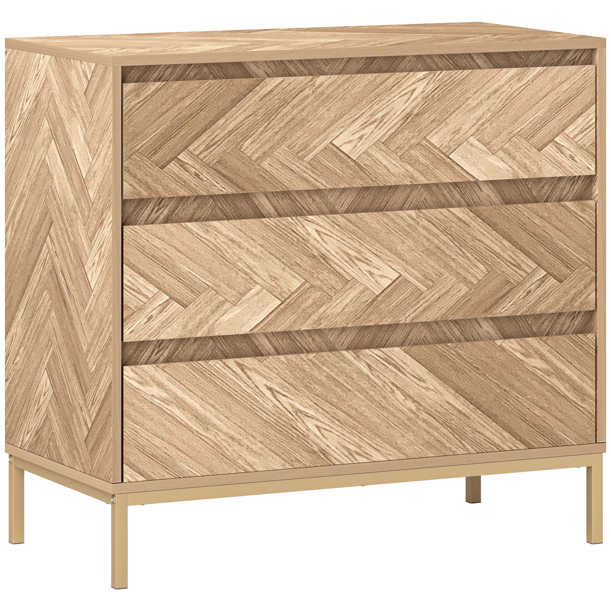 HOMCOM Bedroom Chest of Drawers, Chevron 3 Drawer Dresser with Steel Legs, Storage Cabinet with 3 Drawers for Living Room, Hallway, Nature Wood