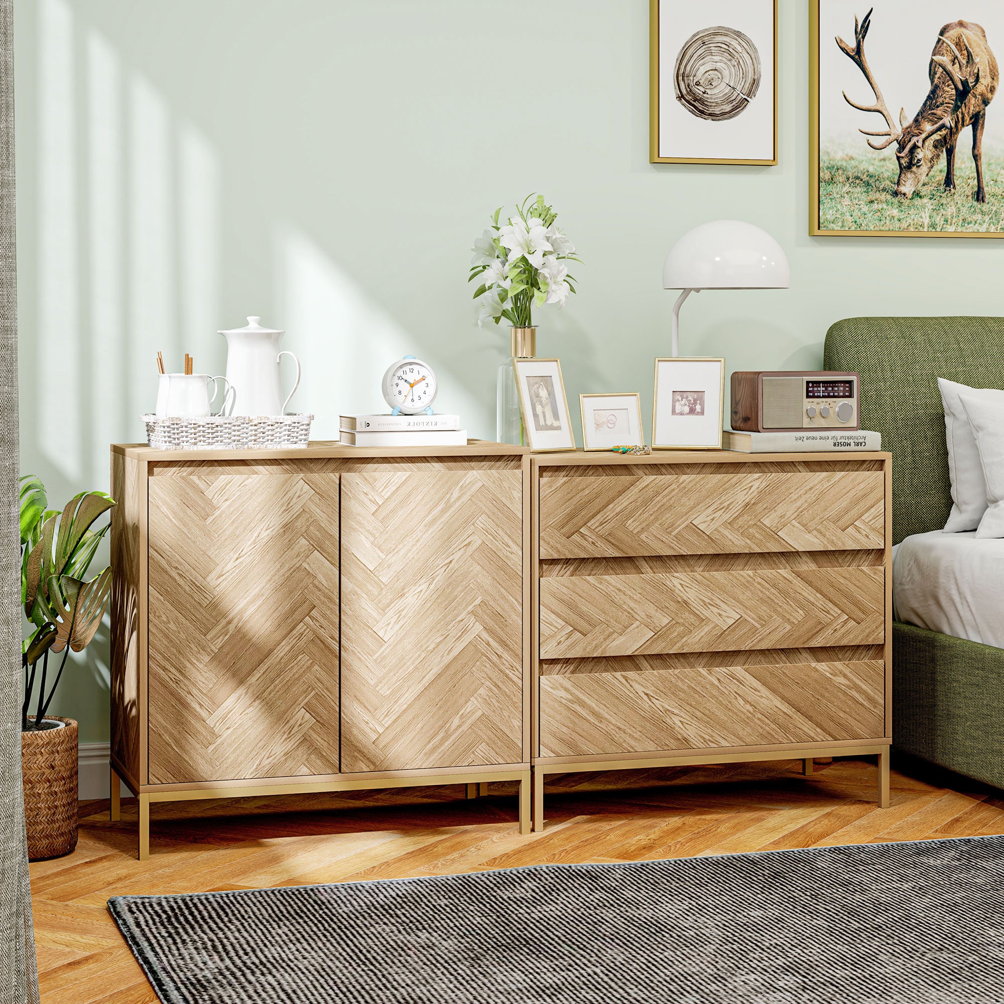 HOMCOM Bedroom Chest of Drawers, Chevron 3 Drawer Dresser with Steel Legs, Storage Cabinet with 3 Drawers for Living Room, Hallway, Nature Wood