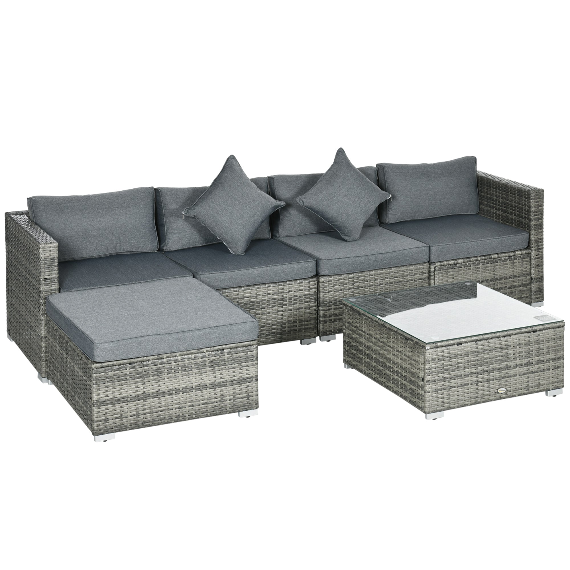Outsunny 6 Pieces Outdoor PE Rattan Wicker Patio Furniture Sofa Set with Thick Cushions, Deluxe Garden Sectional Couch with Glass Top Table, Mixed Grey and Dark Grey