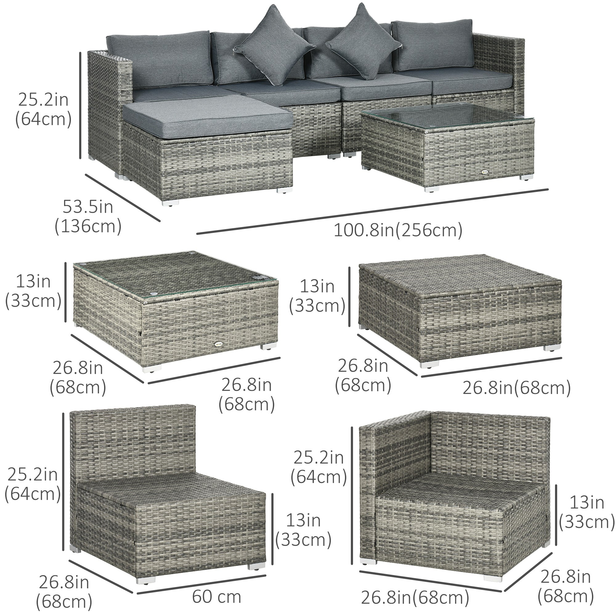 Outsunny 6 Pieces Outdoor PE Rattan Wicker Patio Furniture Sofa Set with Thick Cushions, Deluxe Garden Sectional Couch with Glass Top Table, Mixed Grey and Dark Grey