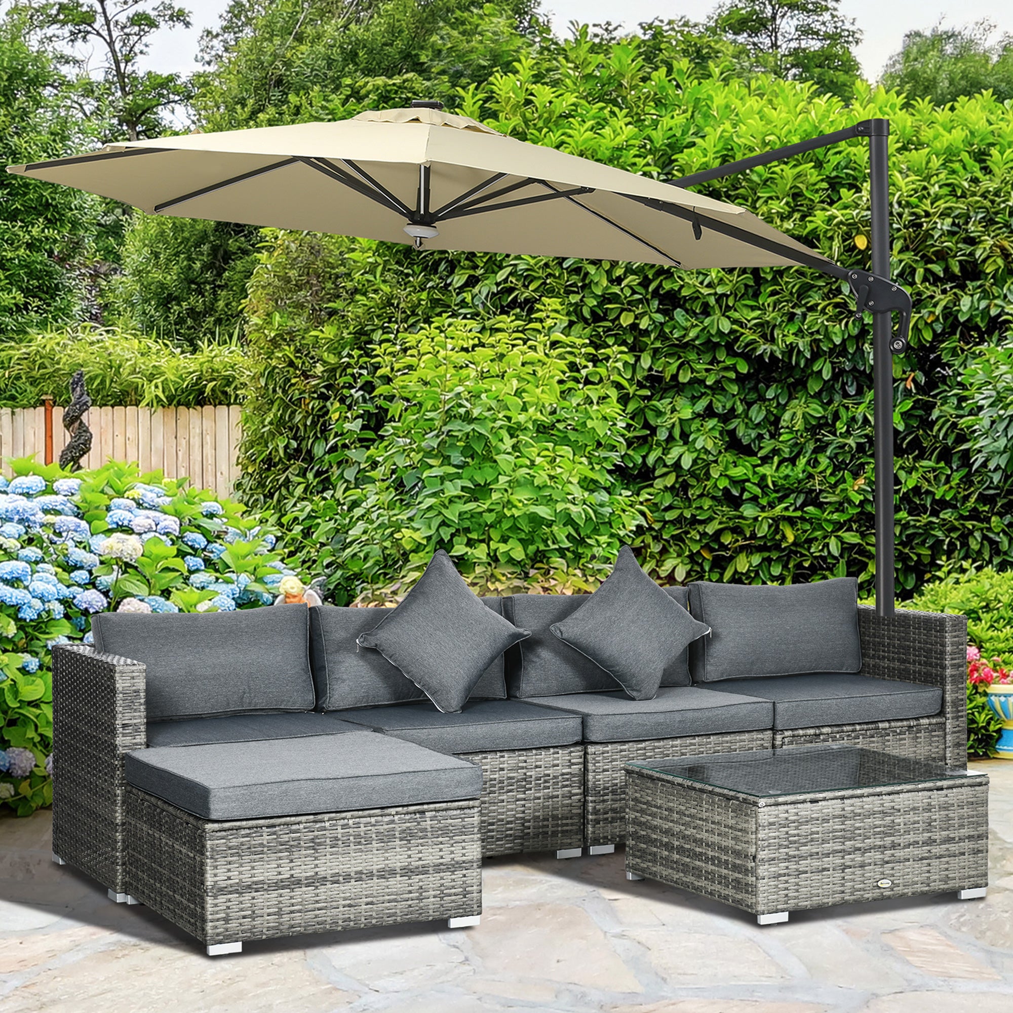 Outsunny 6 Pieces Outdoor PE Rattan Wicker Patio Furniture Sofa Set with Thick Cushions, Deluxe Garden Sectional Couch with Glass Top Table, Mixed Grey and Dark Grey