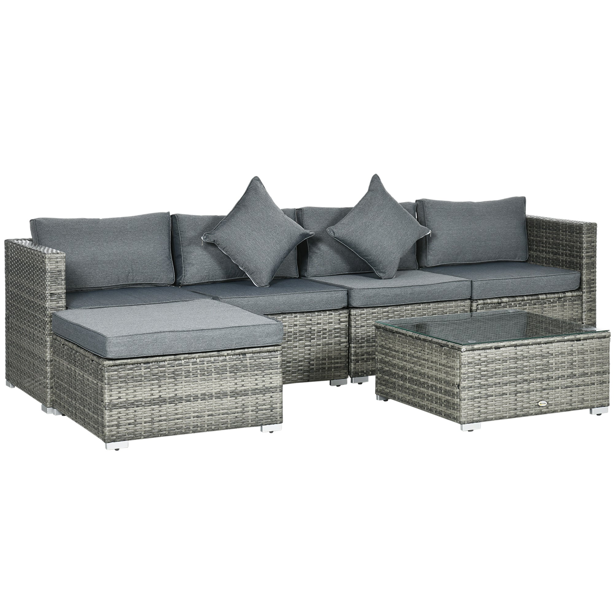 Outsunny 6 Pieces Outdoor PE Rattan Wicker Patio Furniture Sofa Set with Thick Cushions, Deluxe Garden Sectional Couch with Glass Top Table, Mixed Grey and Dark Grey