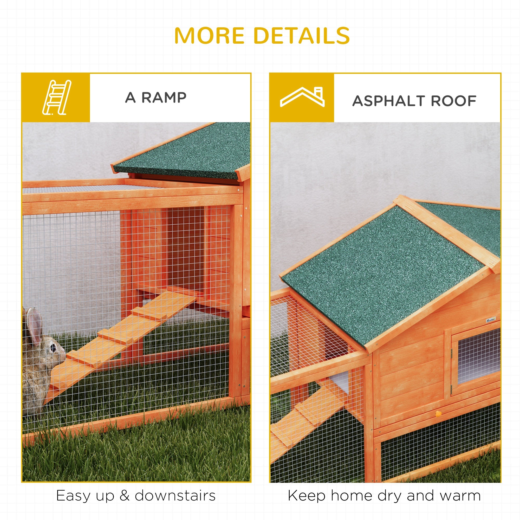 PawHut Rabbit Hutch Run, Guinea Pig Hutch Wooden Bunny House with Tray, Ramps, Asphalt Roof, for Garden, Yard, 309 x 70 x 87cm, Orange