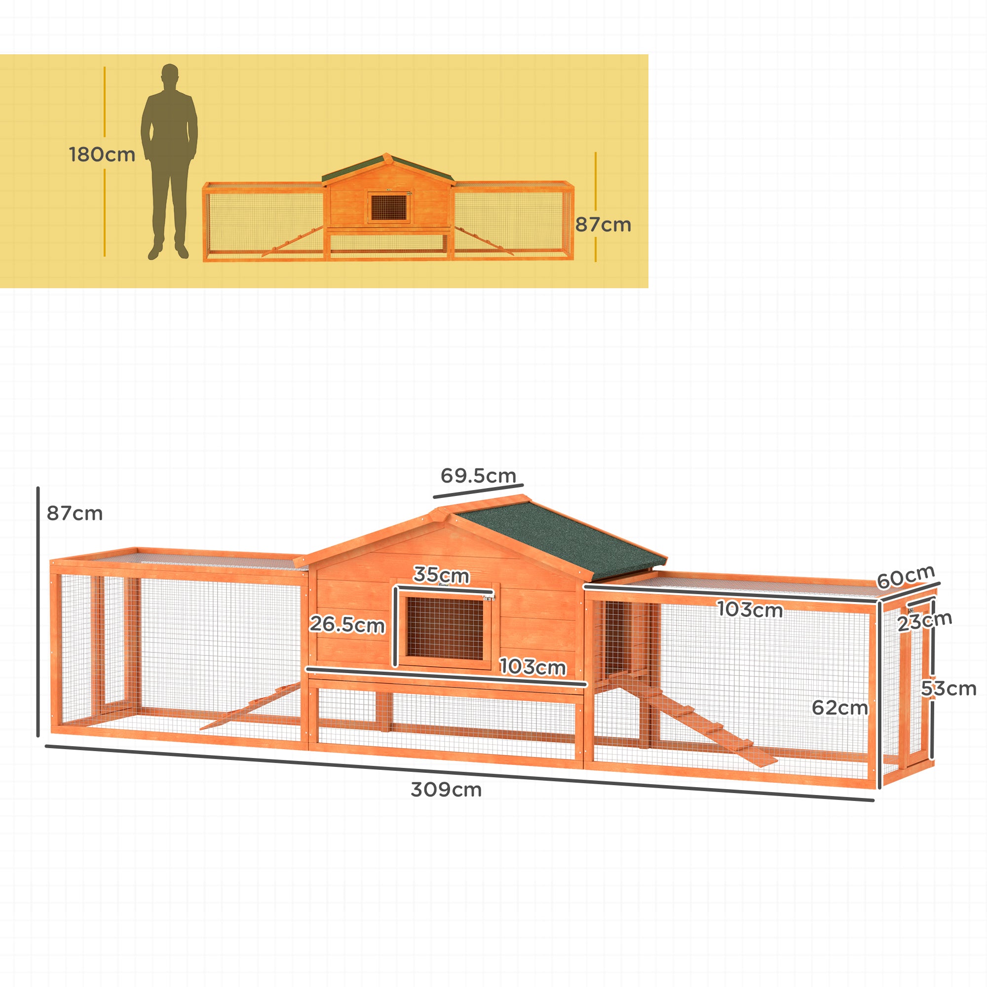 PawHut Rabbit Hutch Run, Guinea Pig Hutch Wooden Bunny House with Tray, Ramps, Asphalt Roof, for Garden, Yard, 309 x 70 x 87cm, Orange