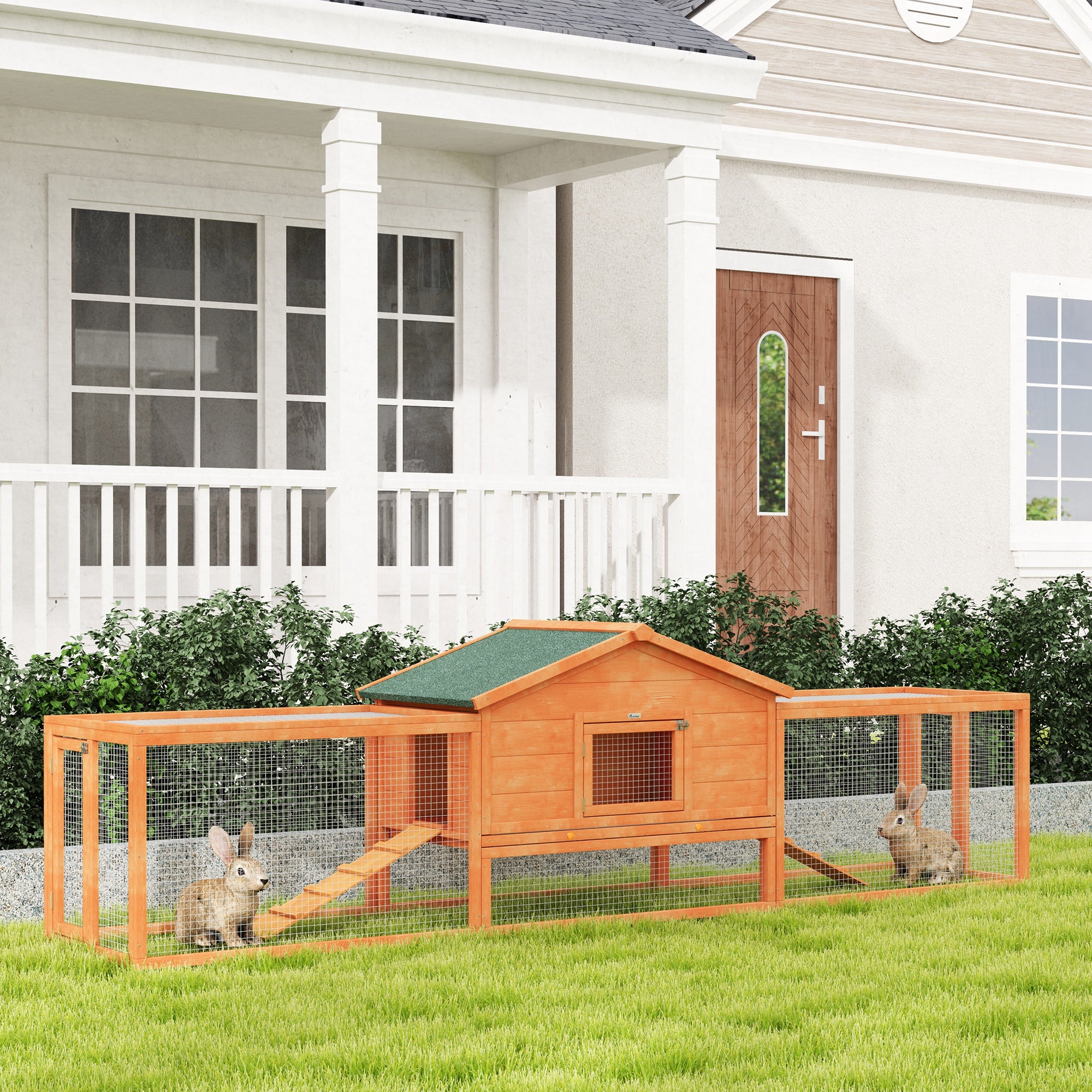 PawHut Rabbit Hutch Run, Guinea Pig Hutch Wooden Bunny House with Tray, Ramps, Asphalt Roof, for Garden, Yard, 309 x 70 x 87cm, Orange