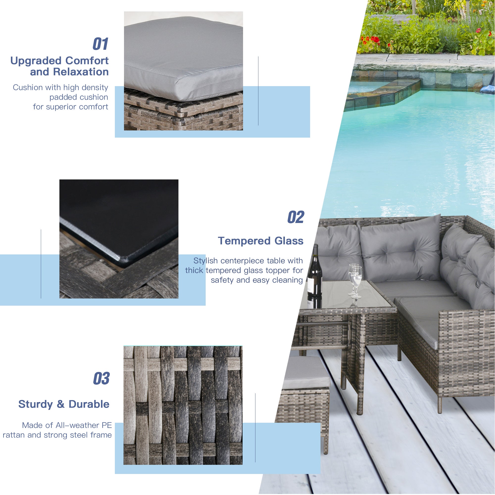 Outsunny 6 Pieces Patio Dining Set Wicker Outdoor Furniture Set Garden Rattan Sofa Set Outdoor Sectional Couch with Cushions, Dining Table and Ottomans, Grey