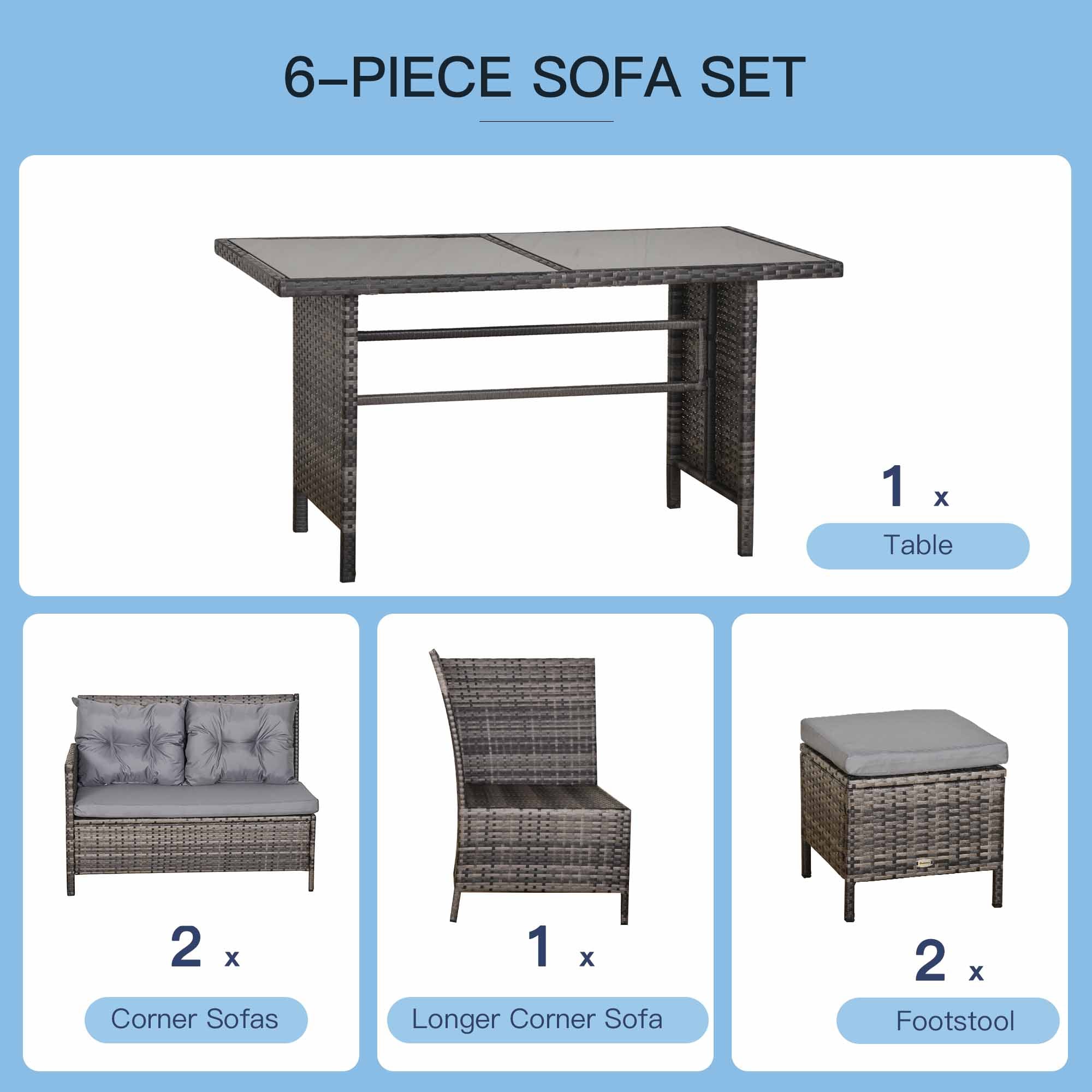 Outsunny 6 Pieces Patio Dining Set Wicker Outdoor Furniture Set Garden Rattan Sofa Set Outdoor Sectional Couch with Cushions, Dining Table and Ottomans, Grey