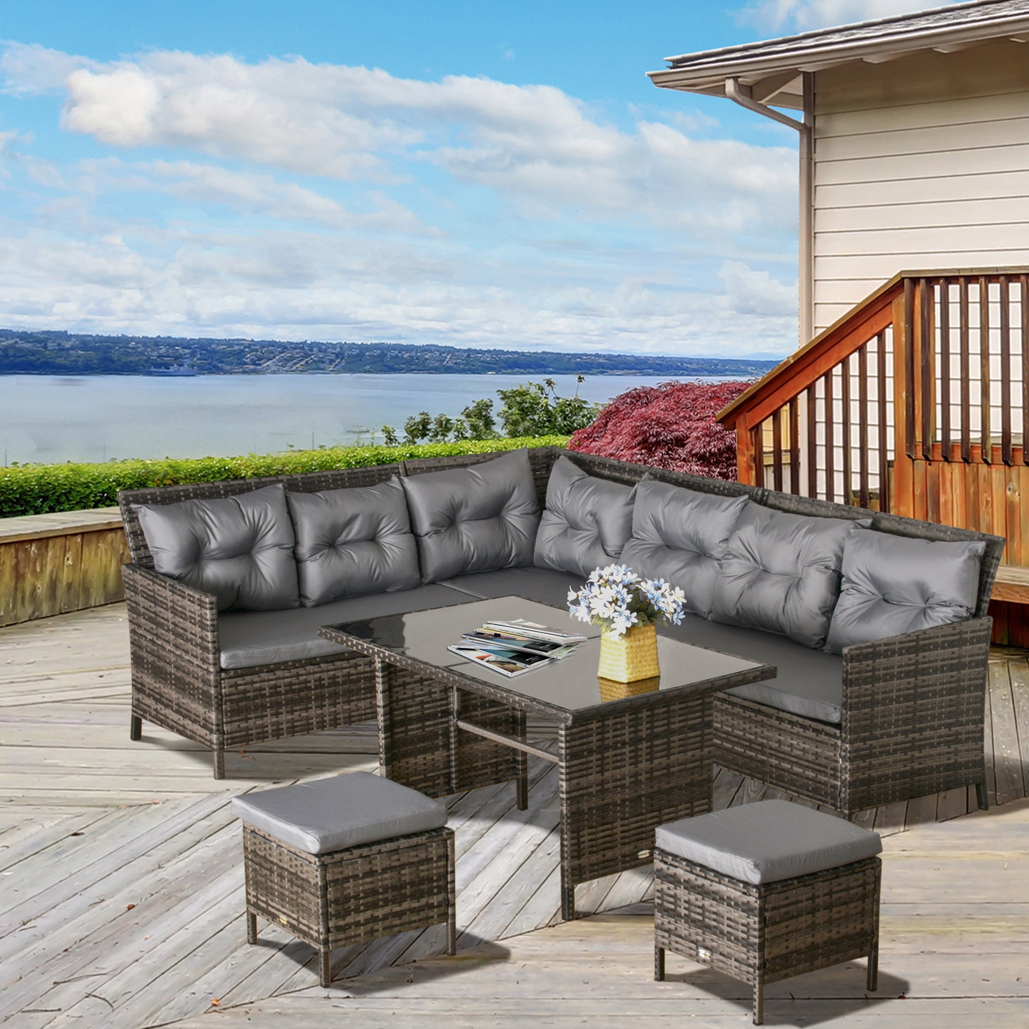 Outsunny 6 Pieces Patio Dining Set Wicker Outdoor Furniture Set Garden Rattan Sofa Set Outdoor Sectional Couch with Cushions, Dining Table and Ottomans, Grey