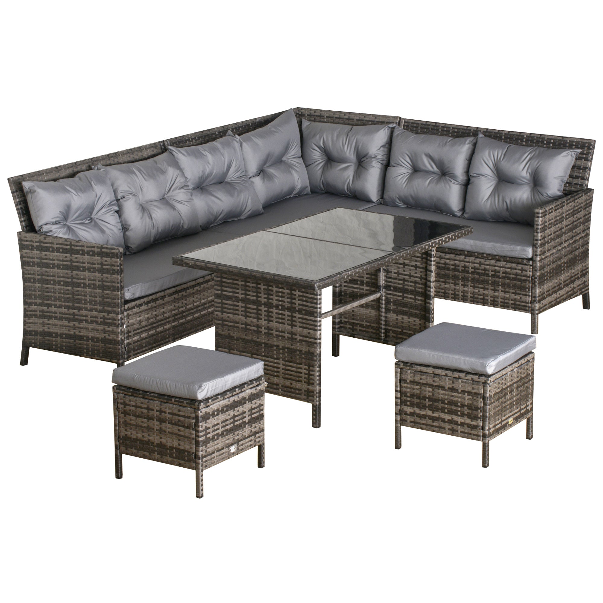 Outsunny 6 Pieces Patio Dining Set Wicker Outdoor Furniture Set Garden Rattan Sofa Set Outdoor Sectional Couch with Cushions, Dining Table and Ottomans, Grey