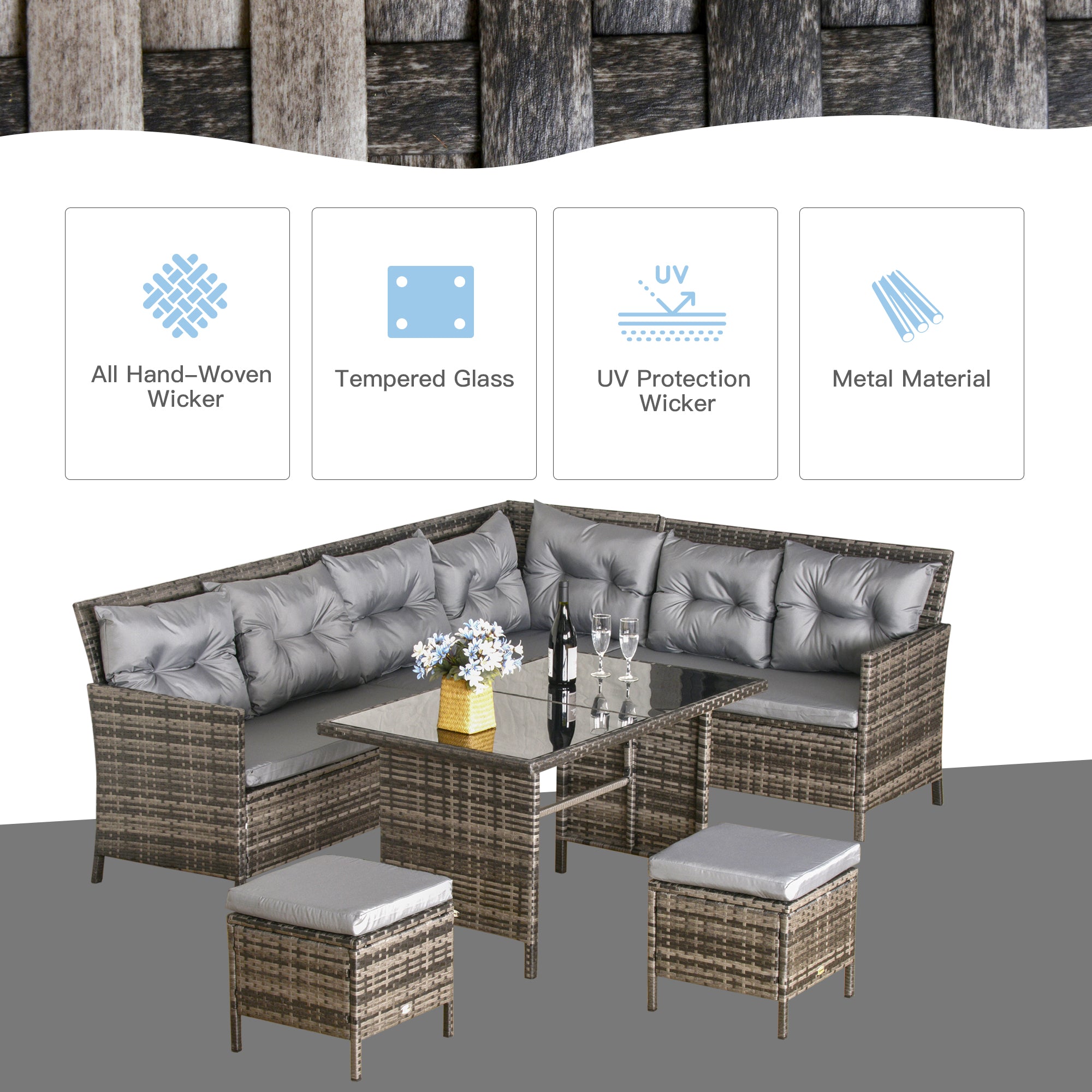 Outsunny 6 Pieces Patio Dining Set Wicker Outdoor Furniture Set Garden Rattan Sofa Set Outdoor Sectional Couch with Cushions, Dining Table and Ottomans, Grey