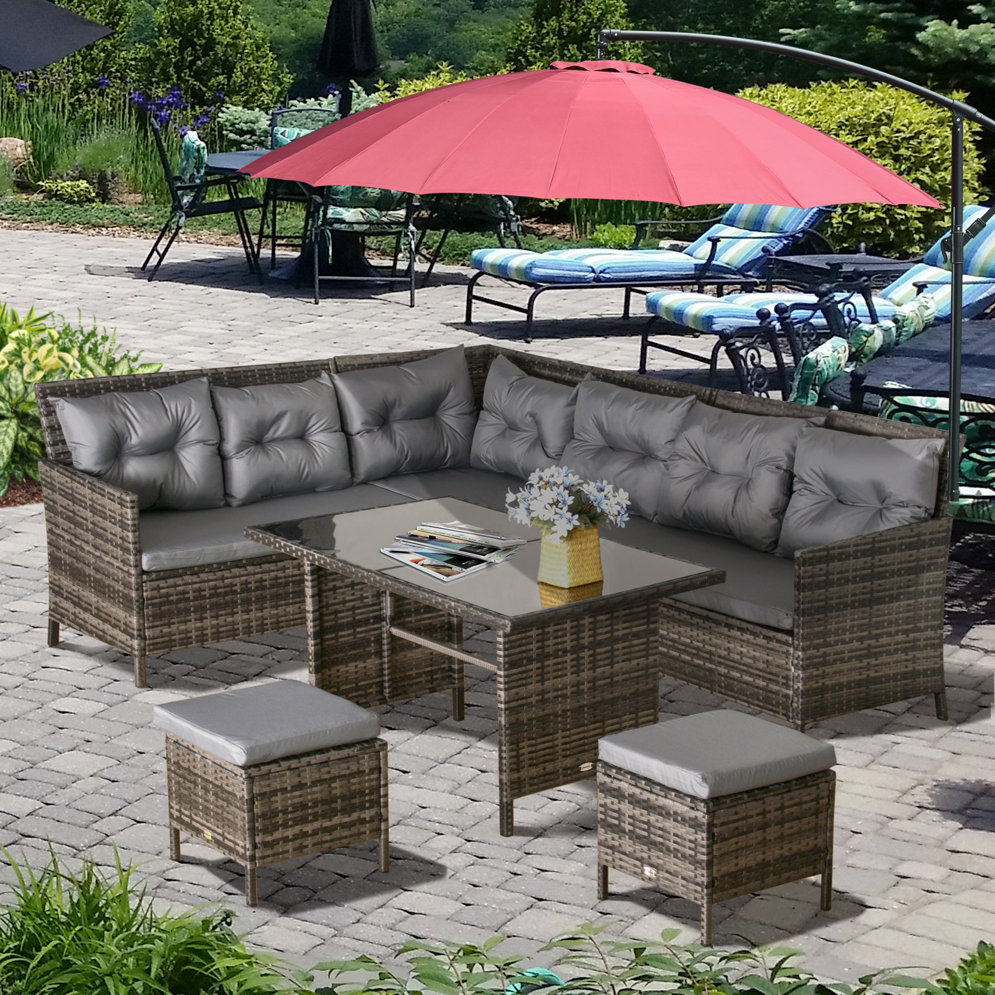 Outsunny 6 Pieces Patio Dining Set Wicker Outdoor Furniture Set Garden Rattan Sofa Set Outdoor Sectional Couch with Cushions, Dining Table and Ottomans, Grey