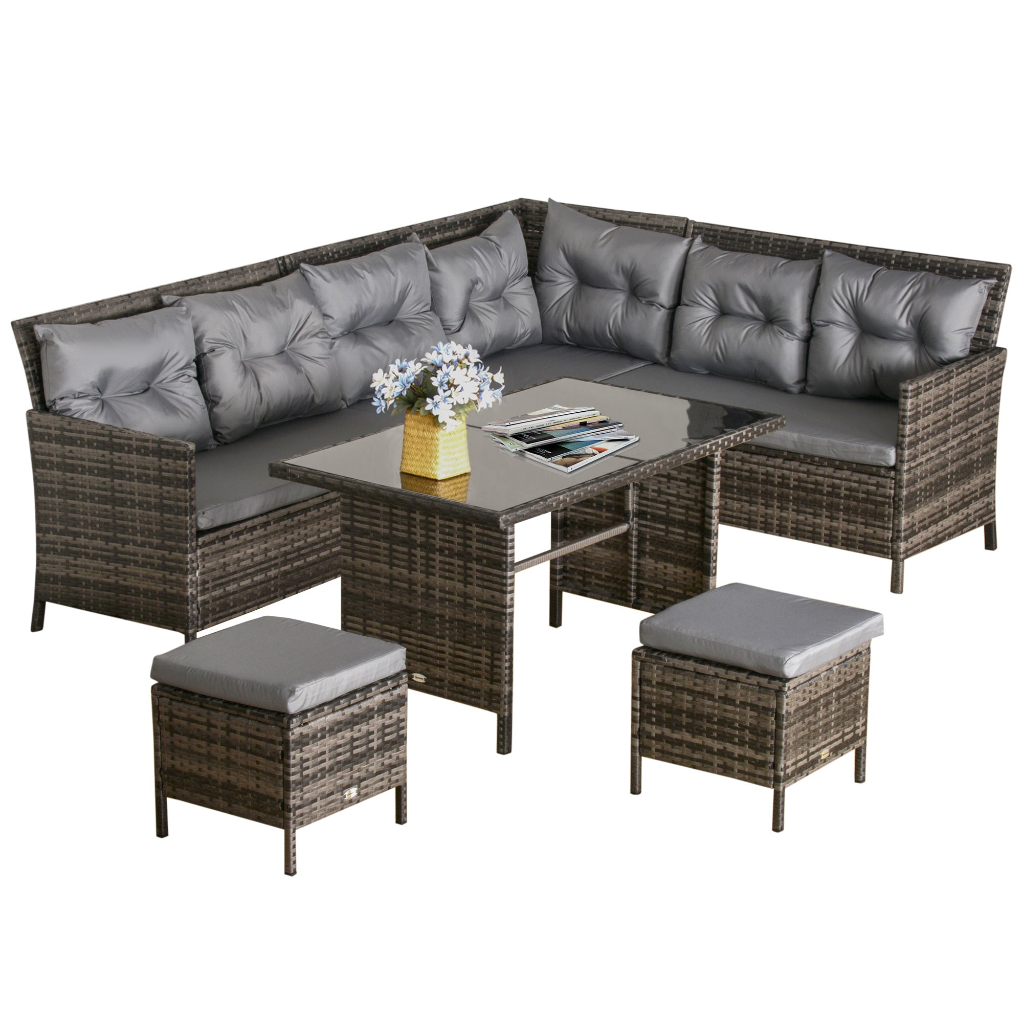 Outsunny 6 Pieces Patio Dining Set Wicker Outdoor Furniture Set Garden Rattan Sofa Set Outdoor Sectional Couch with Cushions, Dining Table and Ottomans, Grey