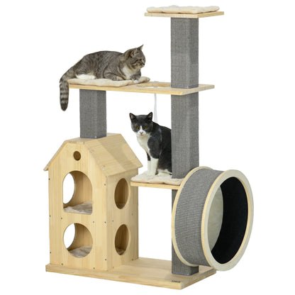 PawHut 53" Modern Cat Tree with Scratching Posts & Wheel, Small Cat Tree with Double-Layer Cushioned House, Small Cat Tower for Indoor Cat Furniture, Climbing Wooden Cat Tree
