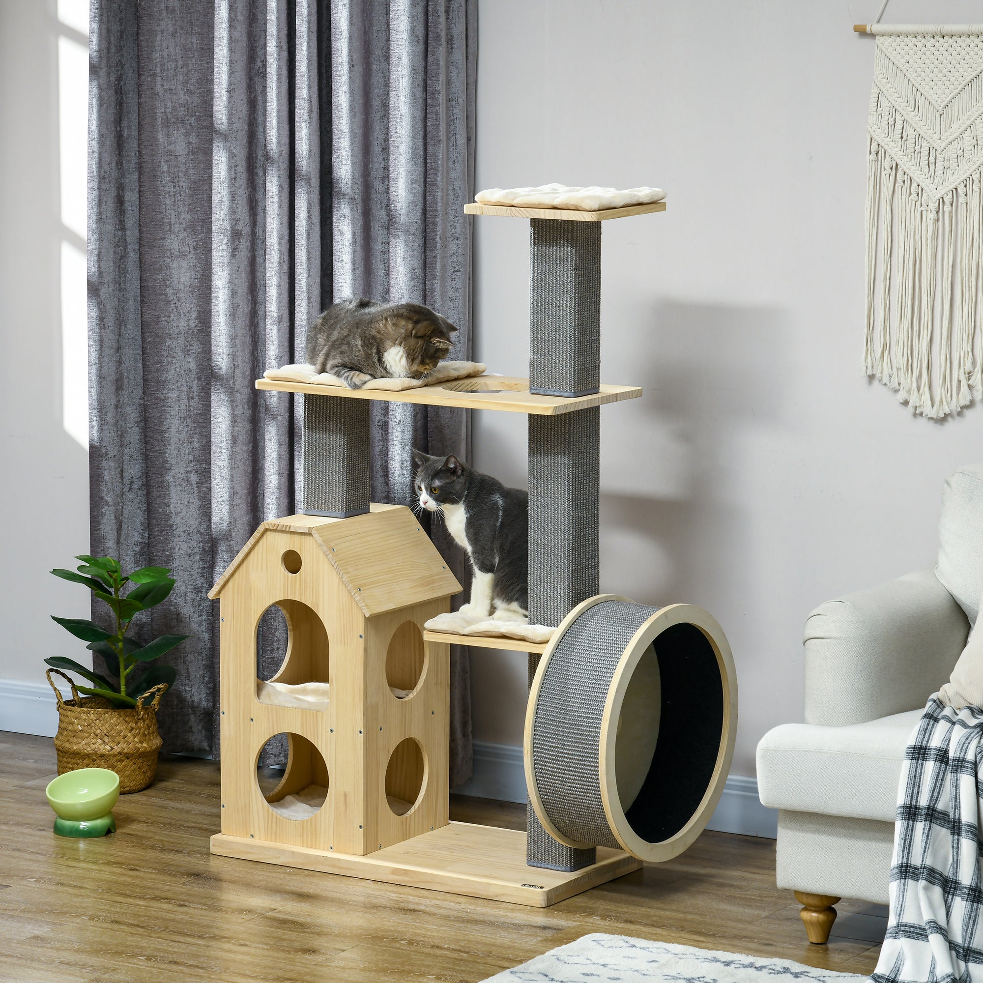 PawHut 53" Modern Cat Tree with Scratching Posts & Wheel, Small Cat Tree with Double-Layer Cushioned House, Small Cat Tower for Indoor Cat Furniture, Climbing Wooden Cat Tree