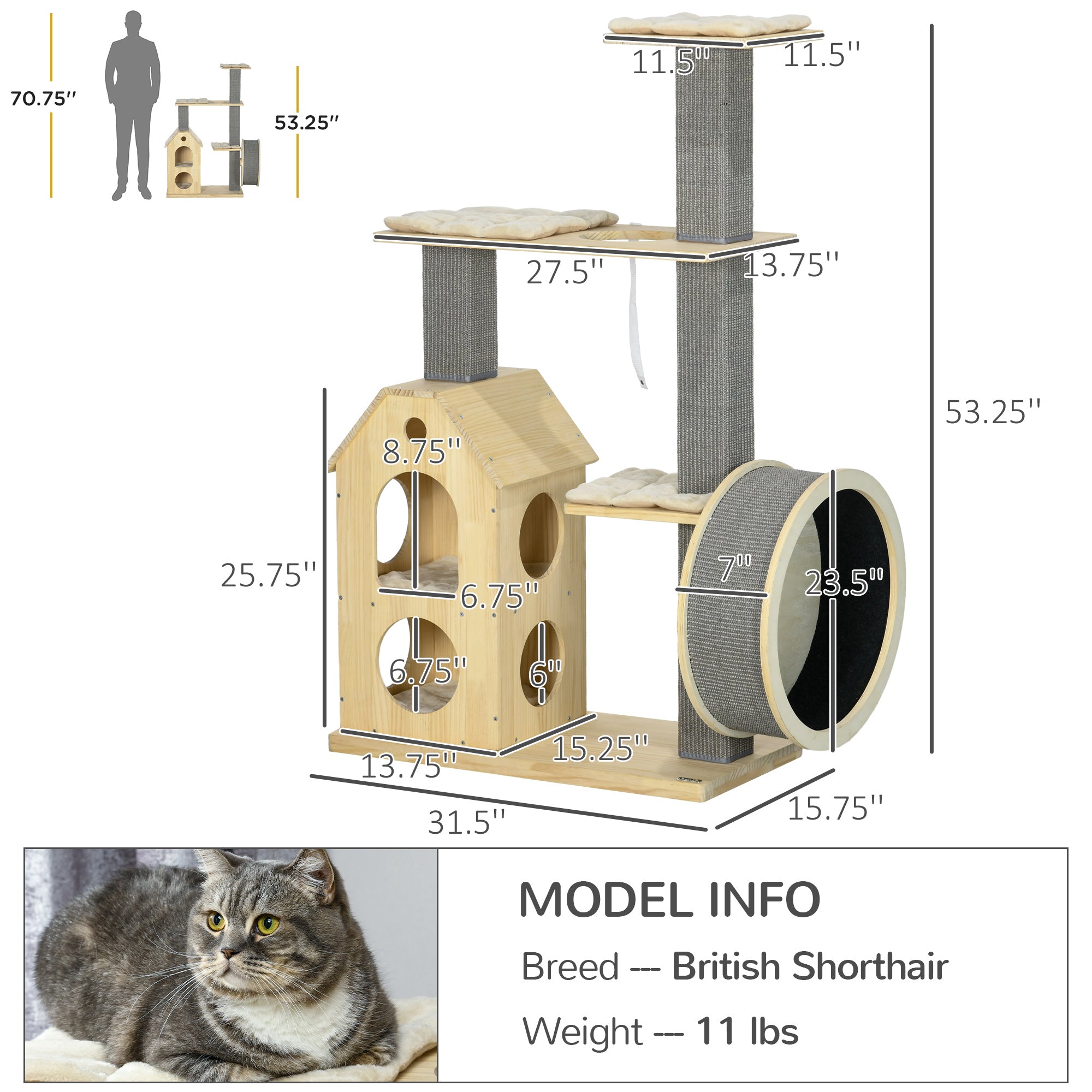 PawHut 53" Modern Cat Tree with Scratching Posts & Wheel, Small Cat Tree with Double-Layer Cushioned House, Small Cat Tower for Indoor Cat Furniture, Climbing Wooden Cat Tree
