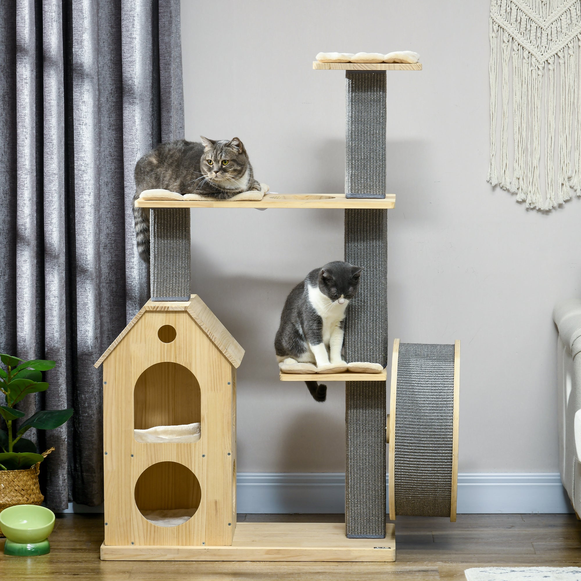 PawHut 53" Modern Cat Tree with Scratching Posts & Wheel, Small Cat Tree with Double-Layer Cushioned House, Small Cat Tower for Indoor Cat Furniture, Climbing Wooden Cat Tree