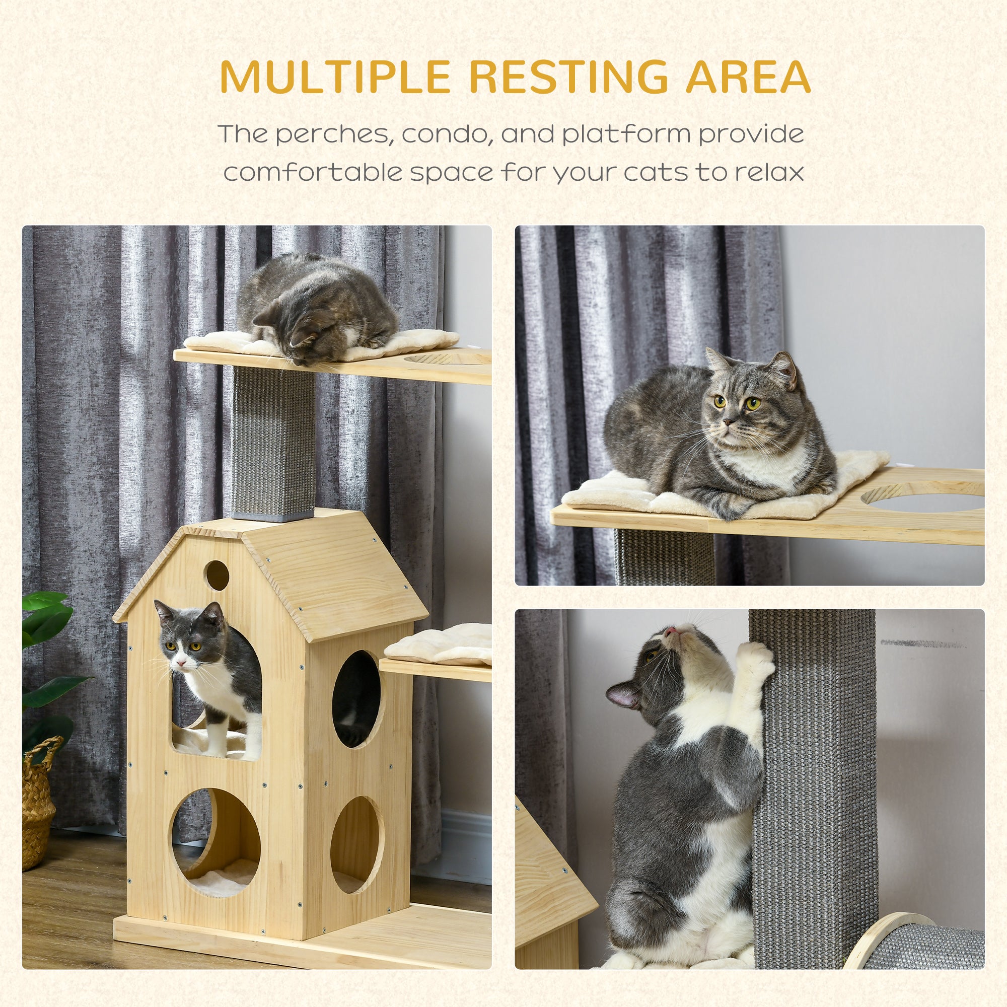 PawHut 53" Modern Cat Tree with Scratching Posts & Wheel, Small Cat Tree with Double-Layer Cushioned House, Small Cat Tower for Indoor Cat Furniture, Climbing Wooden Cat Tree